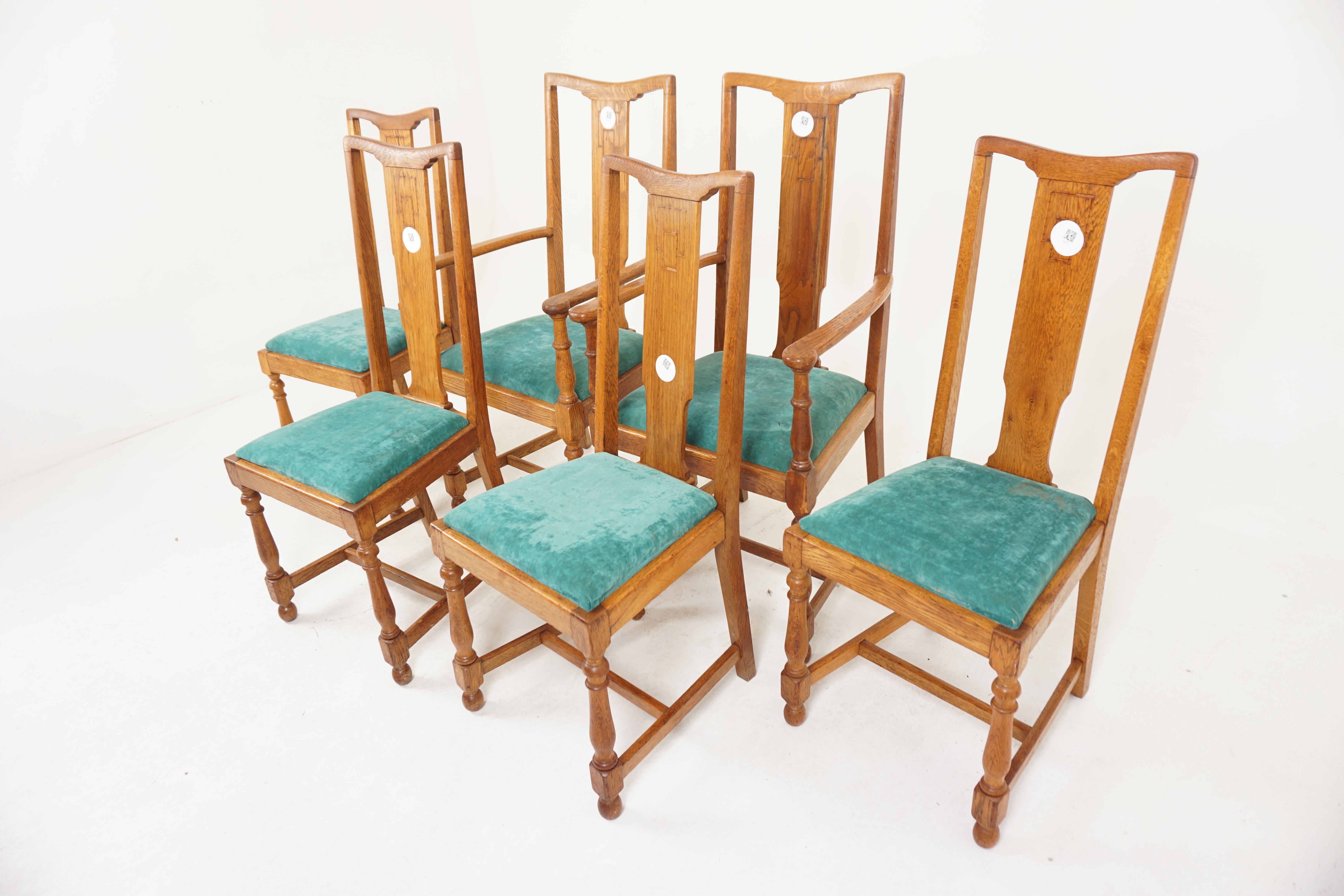 6 Inlaid oak Arts and Crafts dining chairs (4 + 2), Scotland 1910, H883

Scotland 1910
Solid oak and veneers
Original finish
High back with inlay to the back splats
With a shaped top rails and chambered uprights
With an upholstered lift out