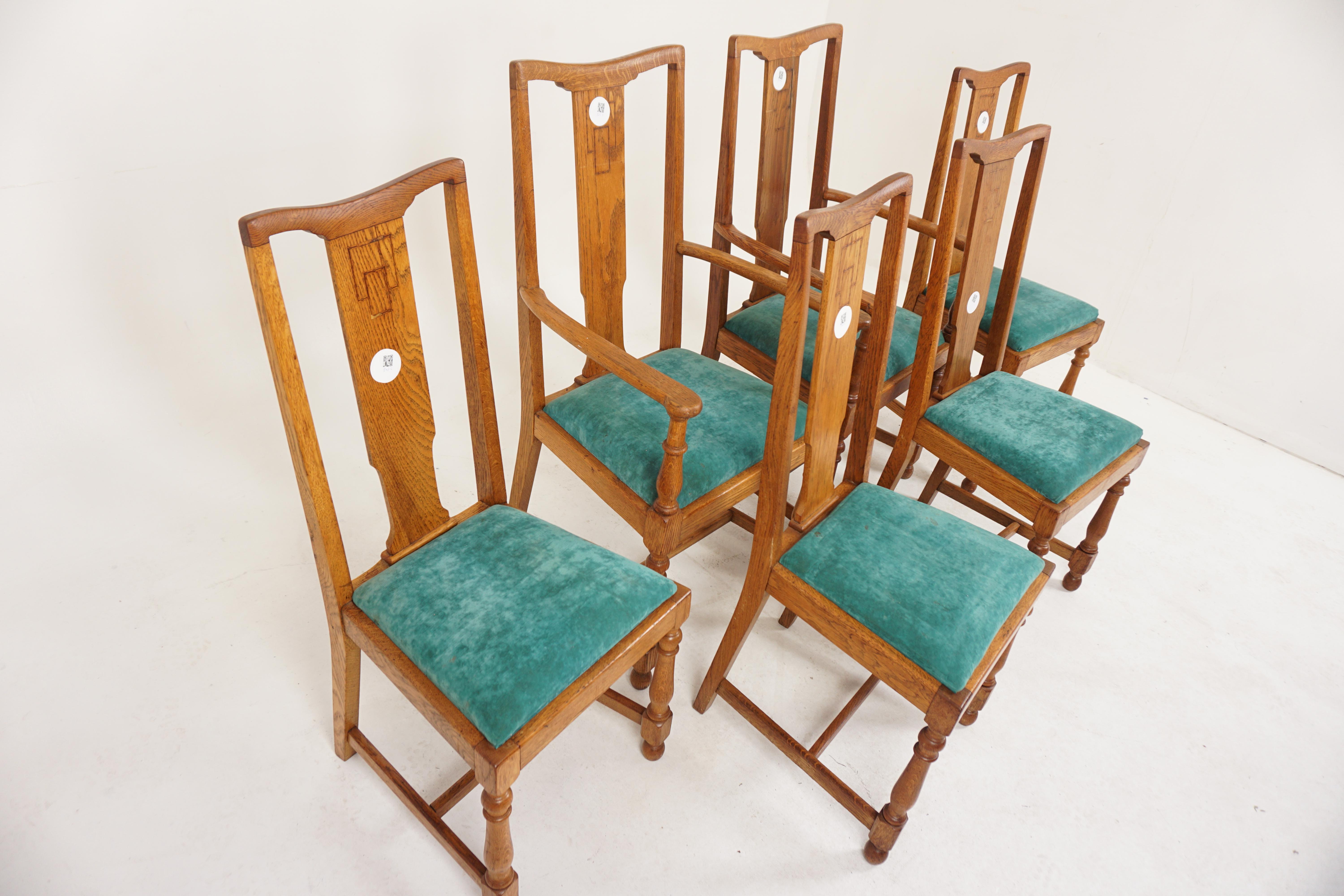 6 Arts and Crafts-Esszimmerstühle aus Eichenholz mit Intarsien '4 + 2', Schottland 1910, H883 (Schottisch) im Angebot