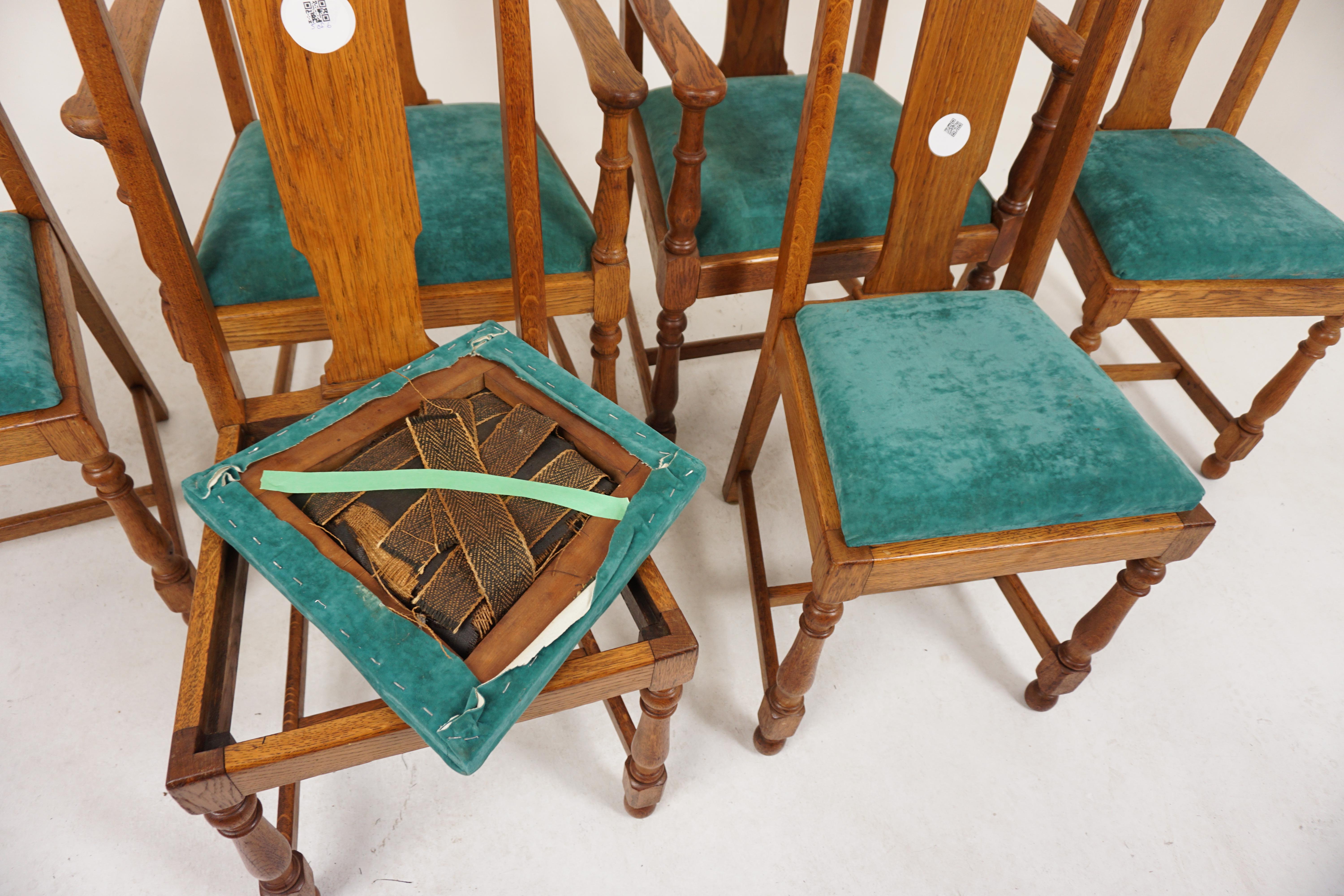 6 chaises de salle à manger Arts and Crafts en chêne incrusté '4 + 2', Écosse 1910, H883 Bon état - En vente à Vancouver, BC