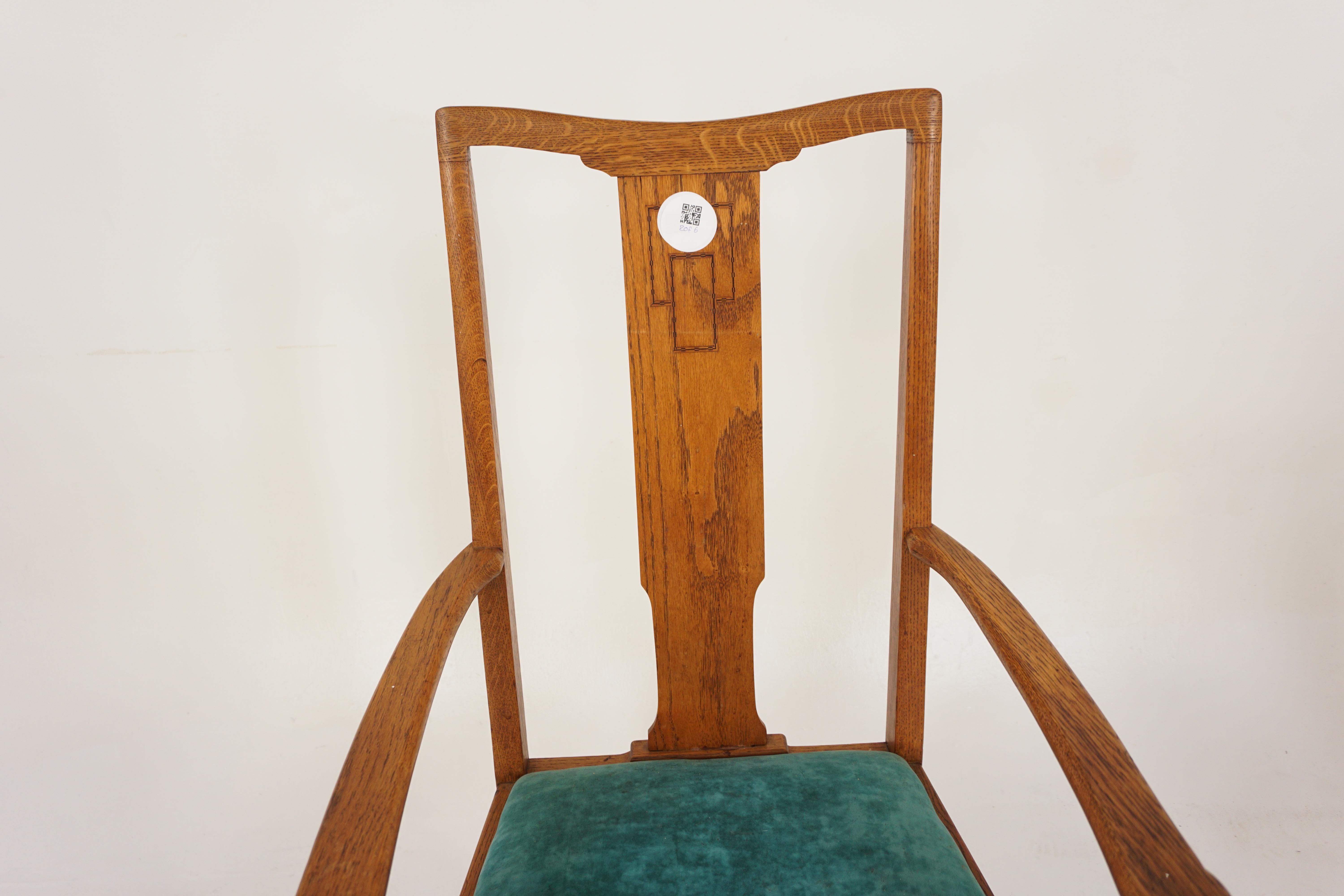 6 Arts and Crafts-Esszimmerstühle aus Eichenholz mit Intarsien '4 + 2', Schottland 1910, H883 im Angebot 1