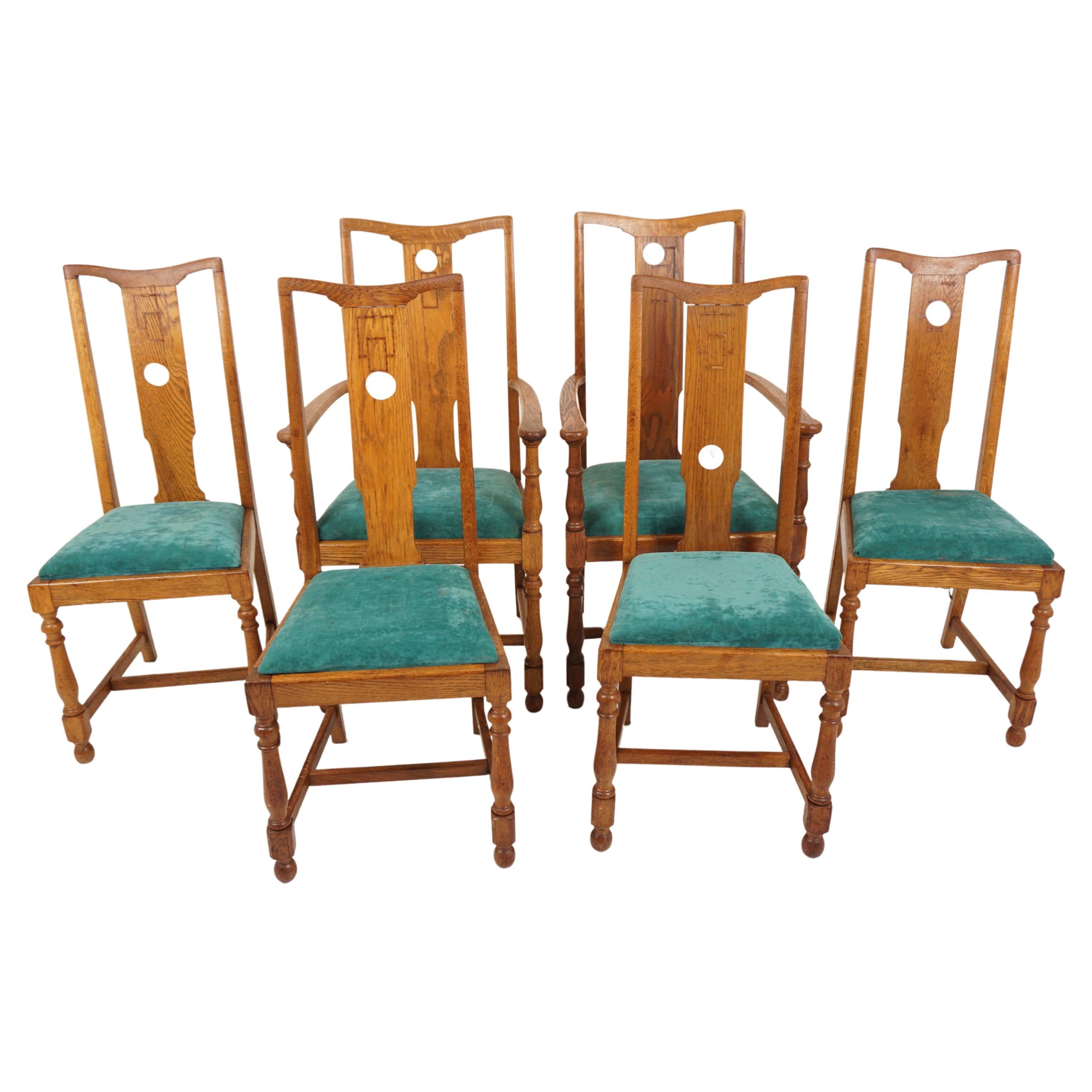 6 chaises de salle à manger Arts and Crafts en chêne incrusté '4 + 2', Écosse 1910, H883 en vente
