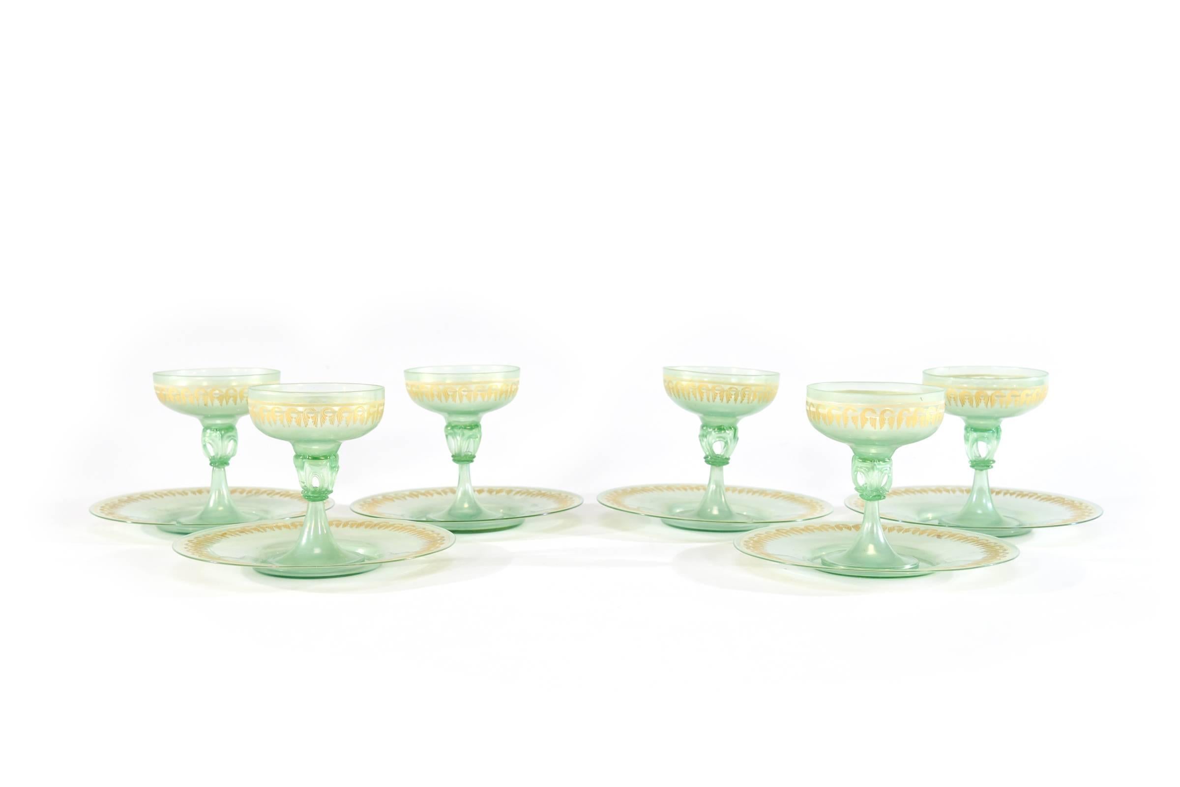 Art Nouveau 6 Iridescent Green Gold Enamel Venetian Footed Dessert Coupes & Underplates For Sale