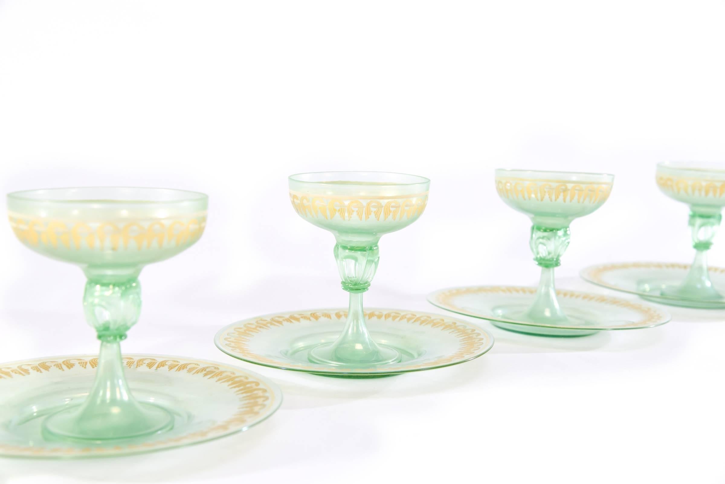 Italian 6 Iridescent Green Gold Enamel Venetian Footed Dessert Coupes & Underplates For Sale