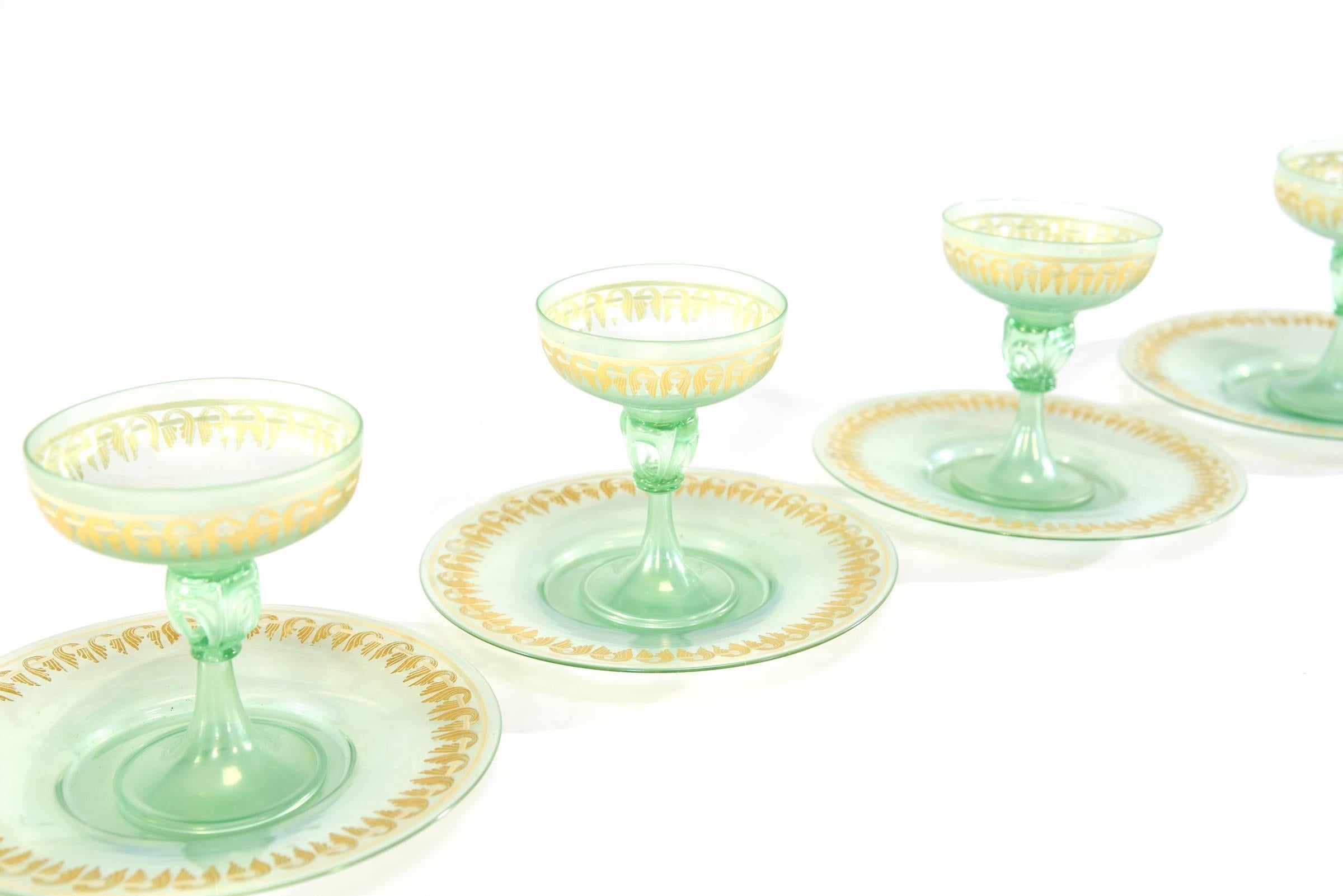 Enameled 6 Iridescent Green Gold Enamel Venetian Footed Dessert Coupes & Underplates For Sale