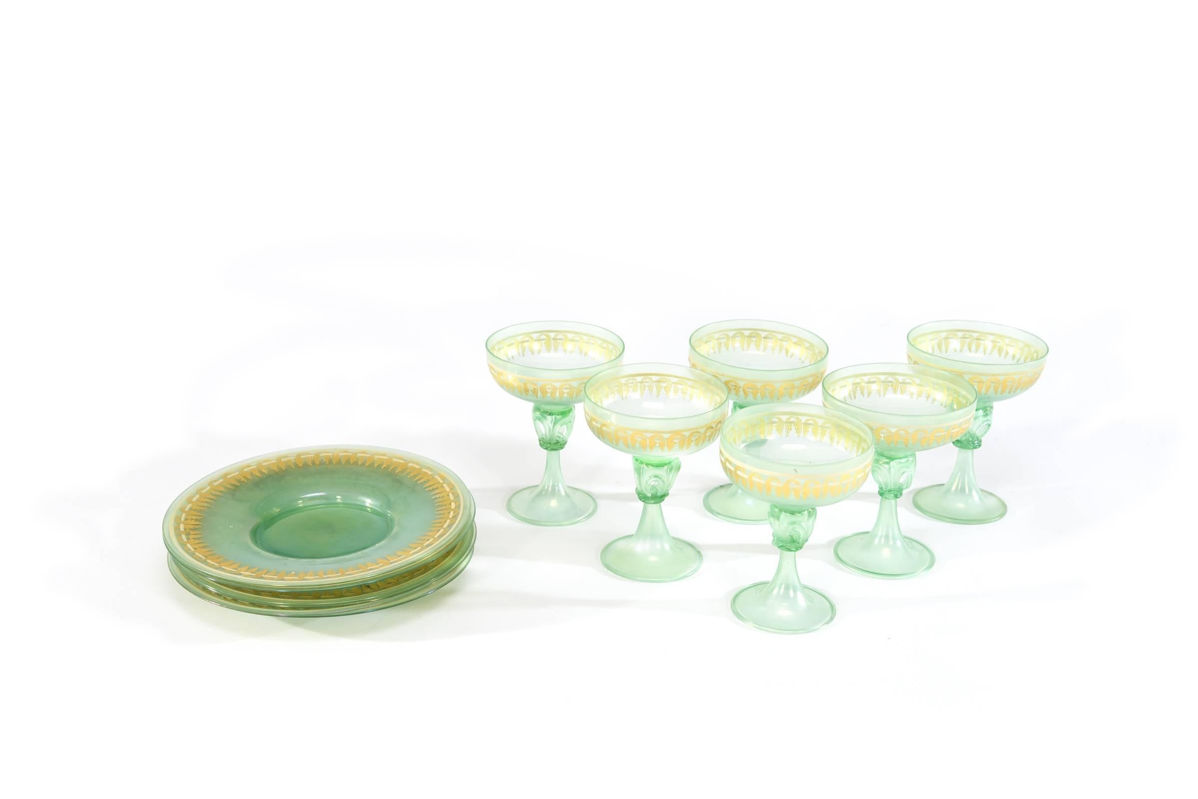 6 Iridescent Green Gold Enamel Venetian Footed Dessert Coupes & Underplates In Good Condition For Sale In Great Barrington, MA