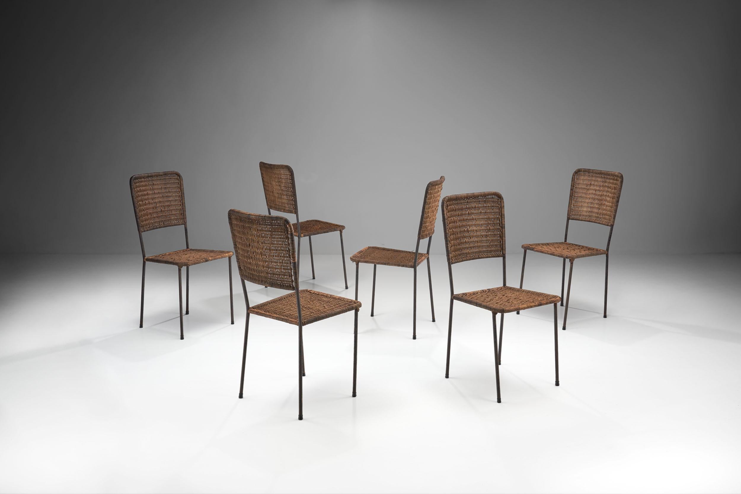 Brazilian 6 Iron and Rattan Chairs, Brazil, 1960s For Sale