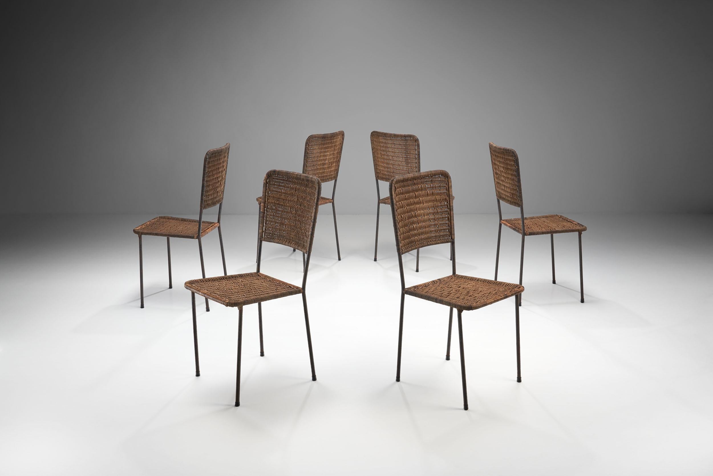 Mid-20th Century 6 Iron and Rattan Chairs, Brazil, 1960s For Sale