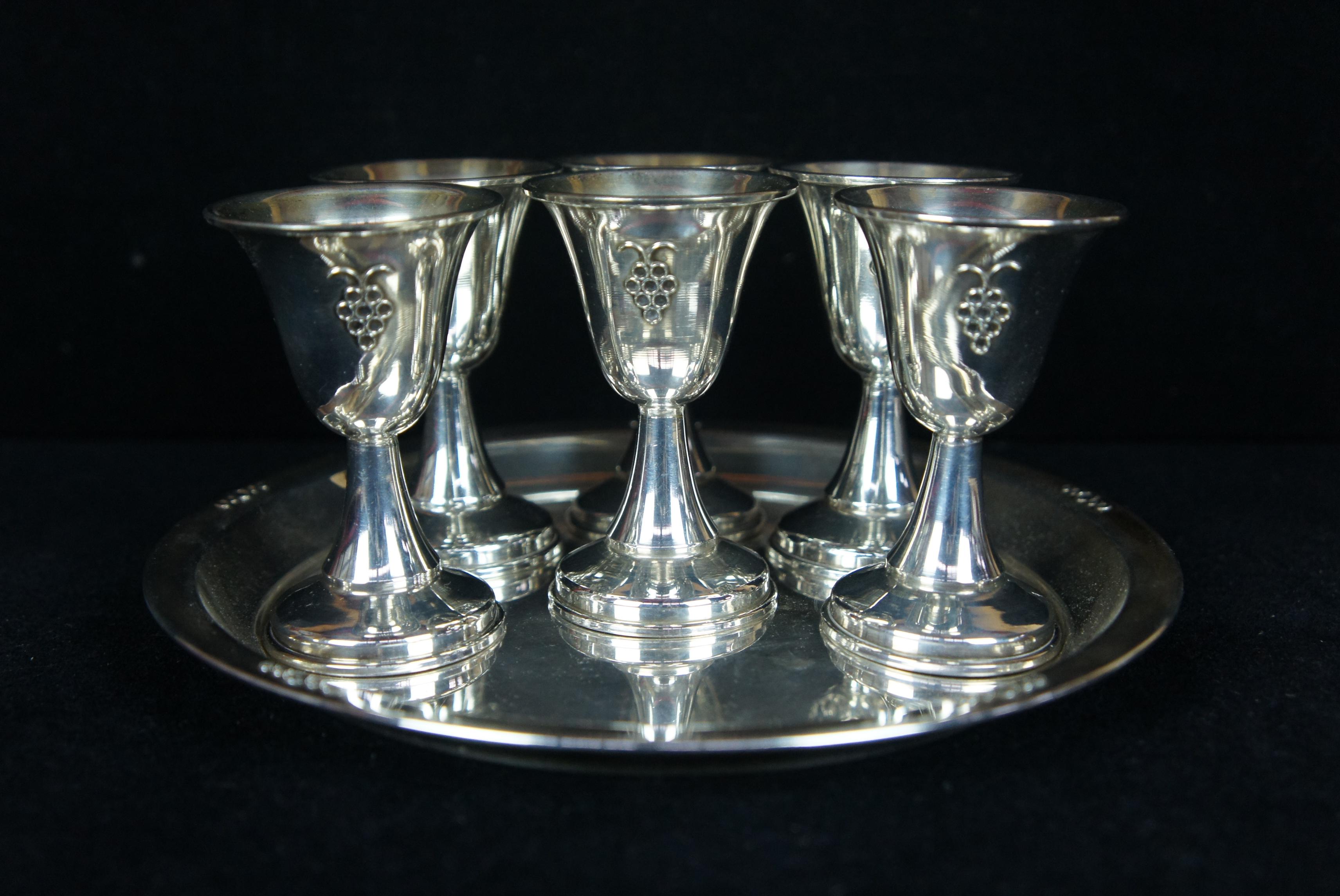 6 Israeli Dugma Plated Kiddush Cup Goblets Set Judaica Barware Shot Glasses Tray 5