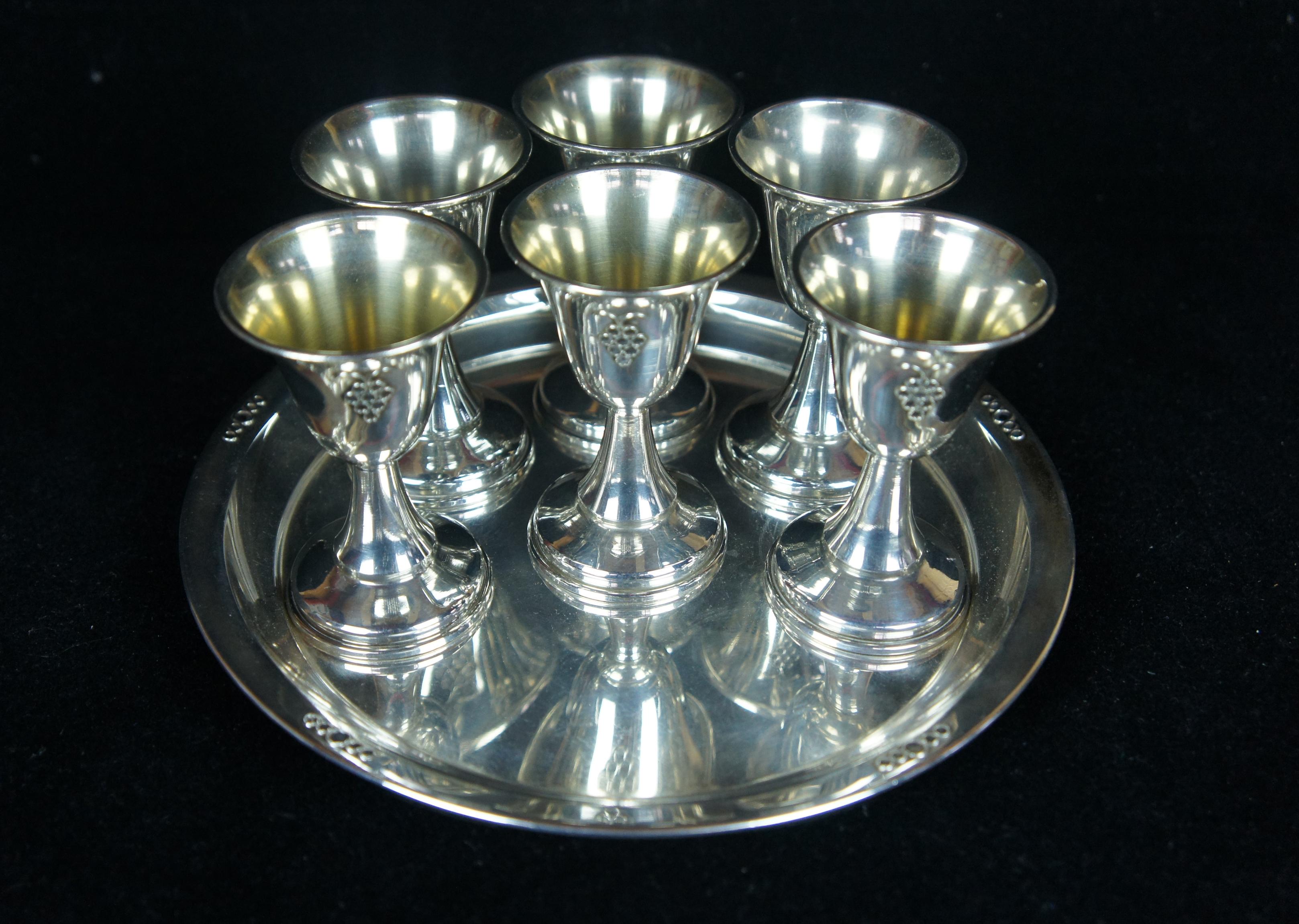 6 Israeli Dugma Plated Kiddush Cup Goblets Set Judaica Barware Shot Glasses Tray 6
