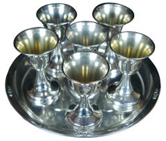 6 Israeli Dugma Plated Kiddush Cup Goblets Set Judaica Barware Shot Glasses Tray