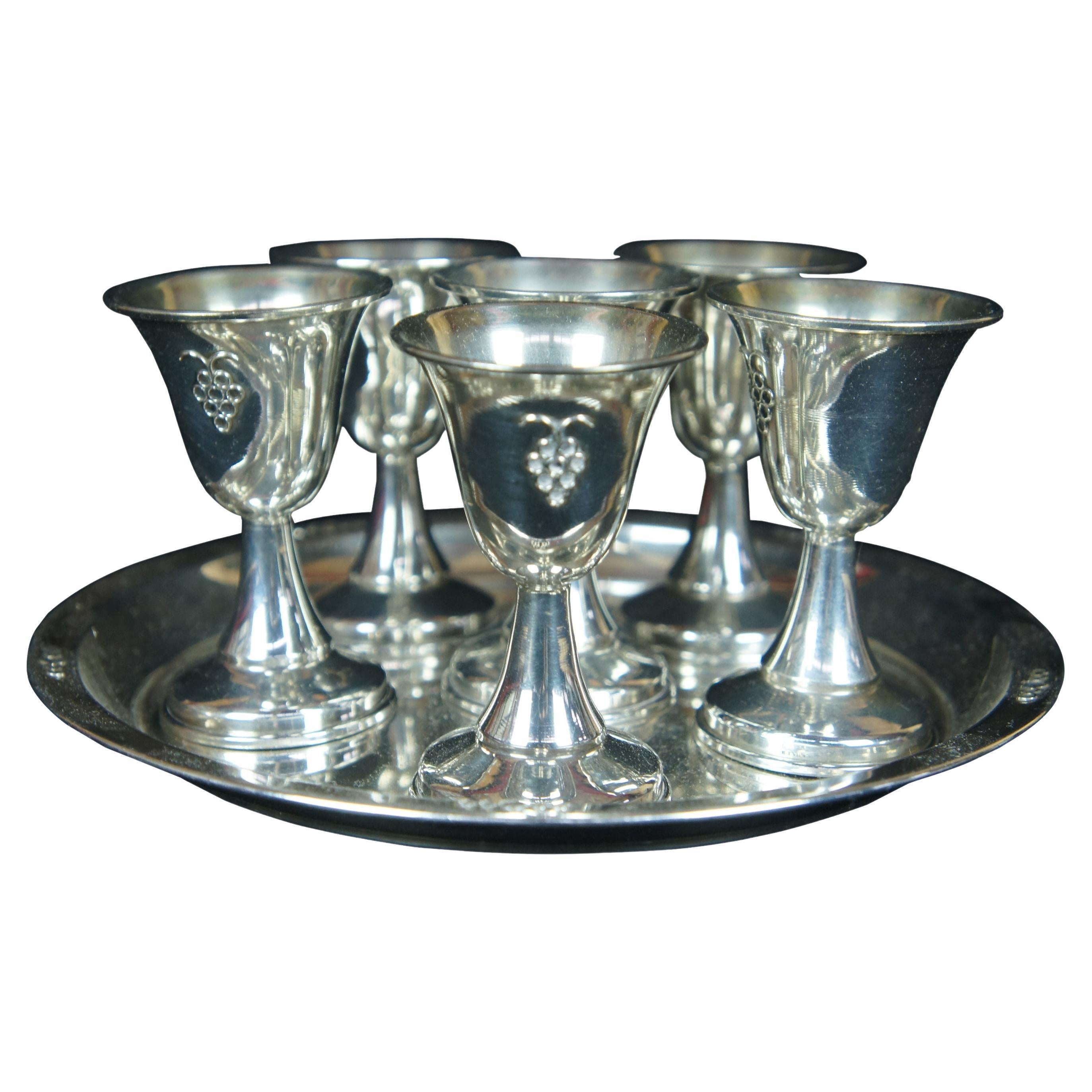 6 Israeli Dugma Plated Kiddush Cup Goblets Set Judaica Barware Shot Glasses Tray