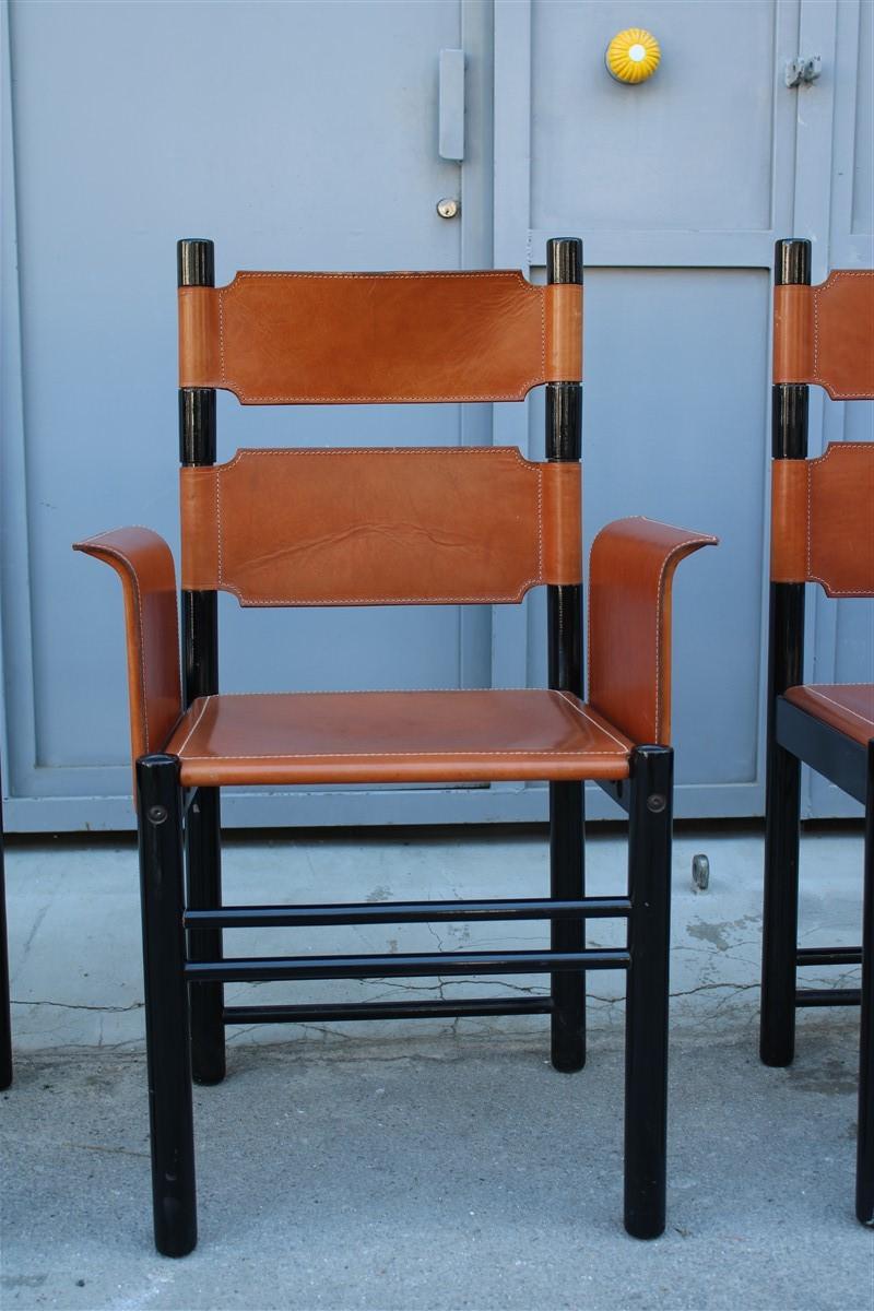 6 Italian Chairs Black Cognac Leather Ibisco Made in Italy Design, 1960s 4