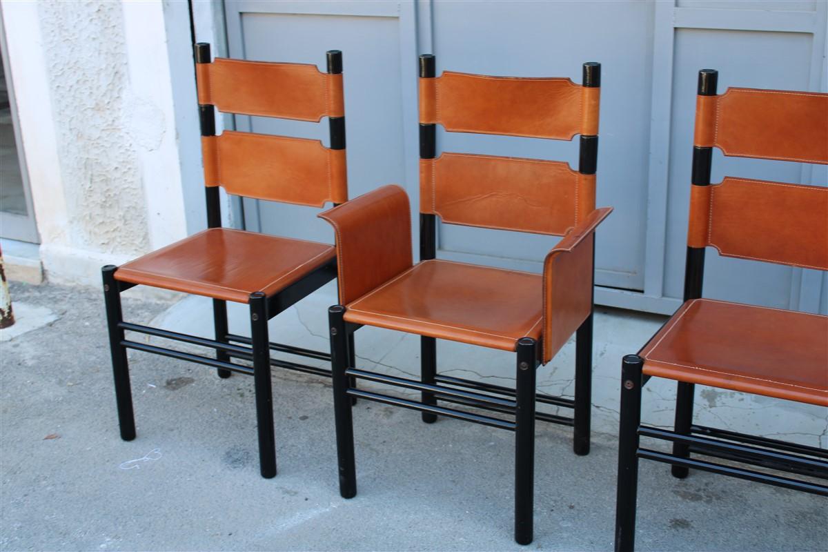 Mid-Century Modern 6 Italian Chairs Black Cognac Leather Ibisco Made in Italy Design, 1960s