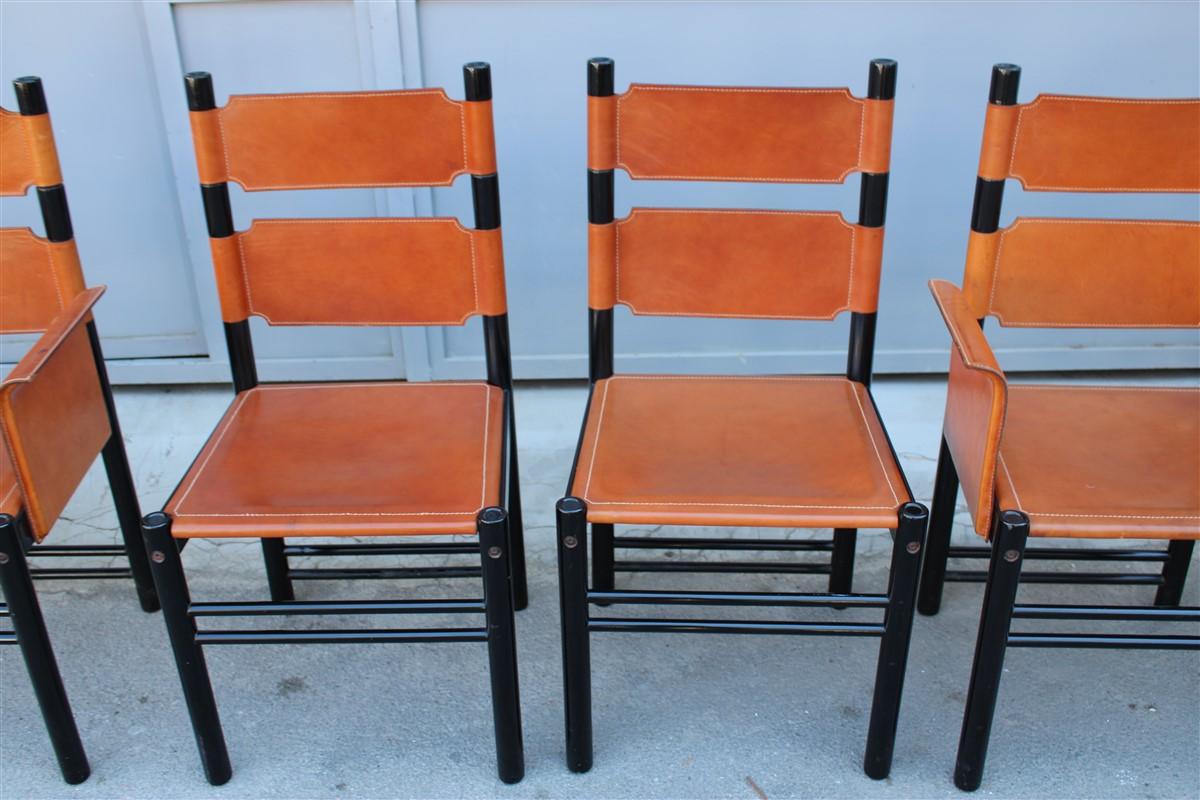 6 Italian Chairs Black Cognac Leather Ibisco Made in Italy Design, 1960s In Good Condition In Palermo, Sicily