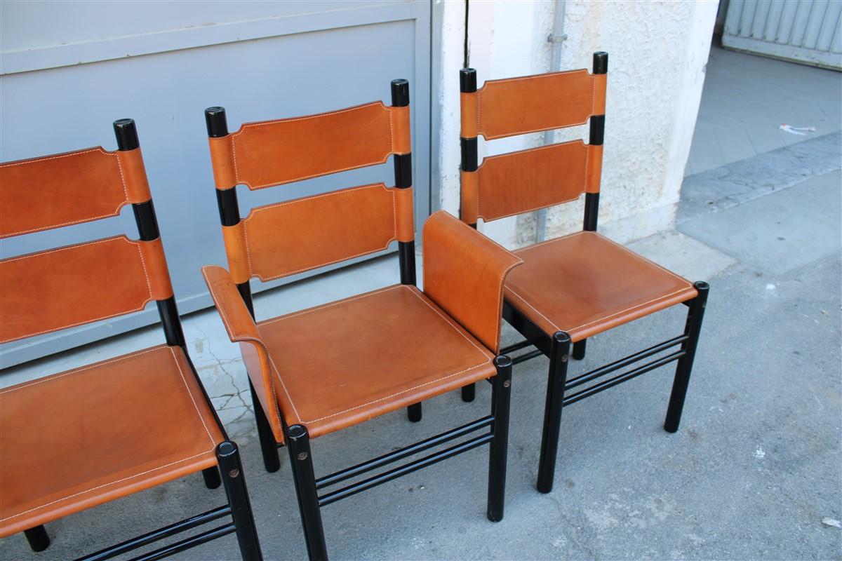 Mid-20th Century 6 Italian Chairs Black Cognac Leather Ibisco Made in Italy Design, 1960s