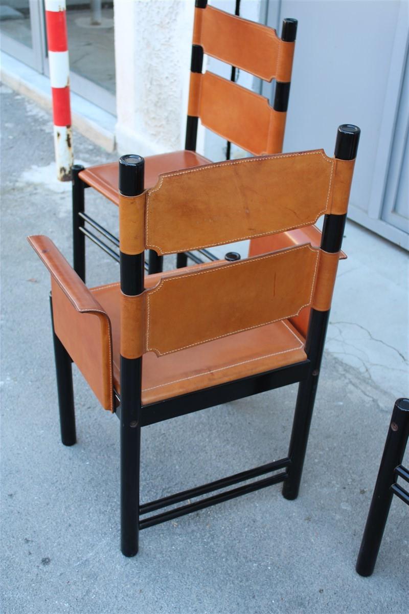 Wood 6 Italian Chairs Black Cognac Leather Ibisco Made in Italy Design, 1960s