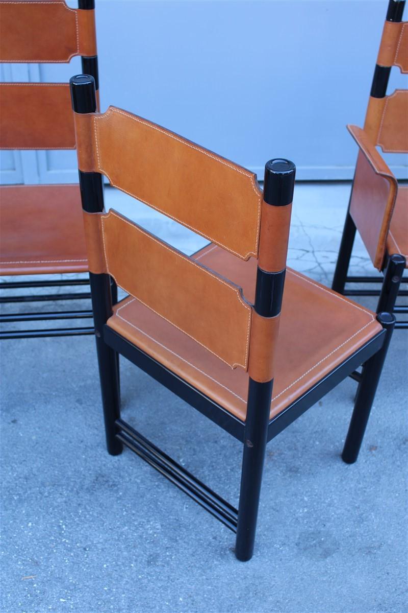 6 Italian Chairs Black Cognac Leather Ibisco Made in Italy Design, 1960s 1