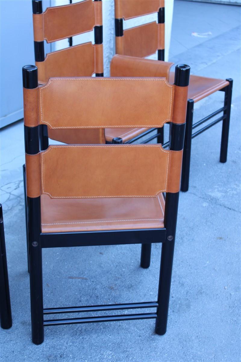 6 Italian Chairs Black Cognac Leather Ibisco Made in Italy Design, 1960s 2