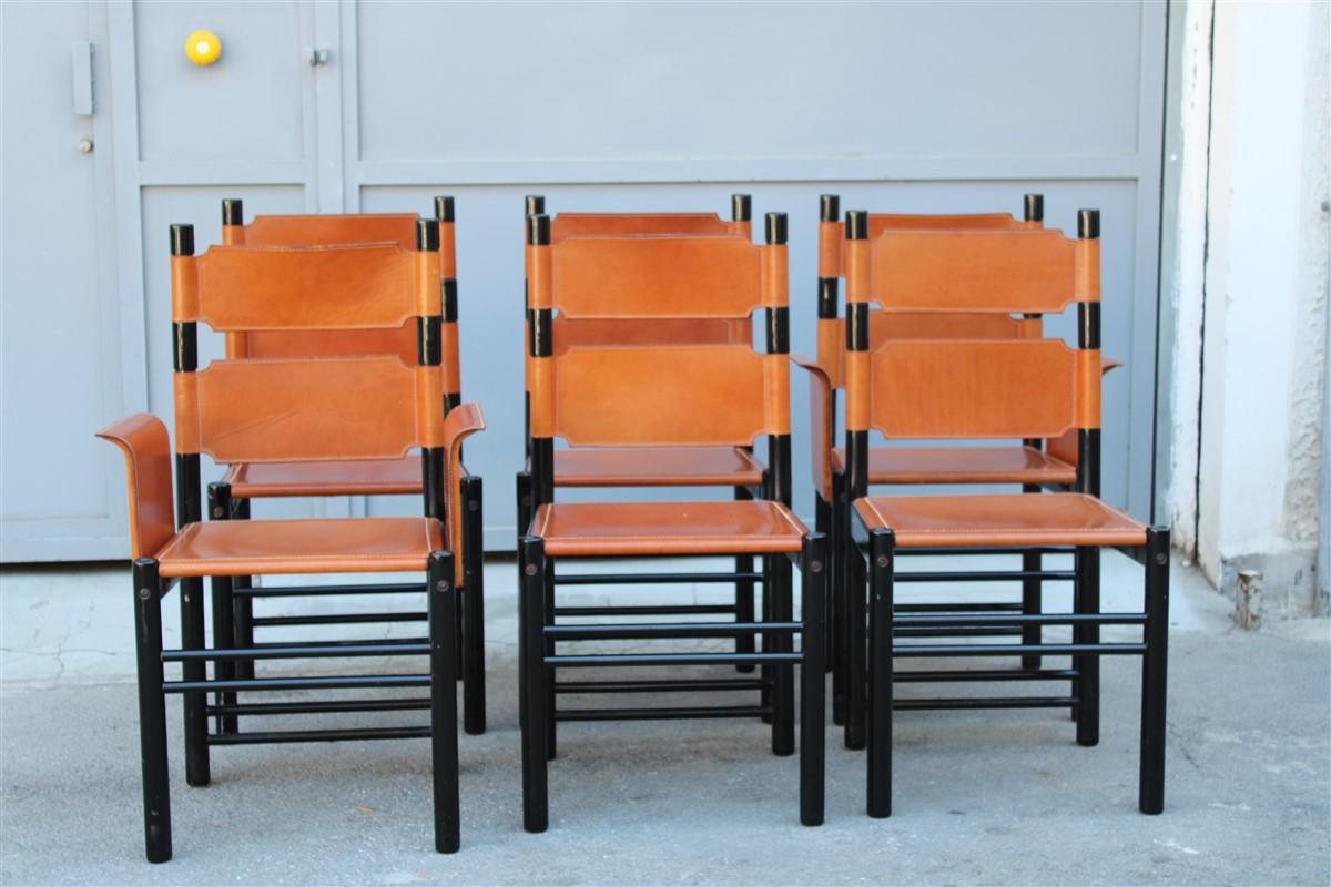 6 Italian Chairs Black Cognac Leather Ibisco Made in Italy Design, 1960s 3