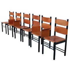 6 Chaises Italiennes Cuir Noir Cognac Ibisco Made in Italy Design:: 1960s