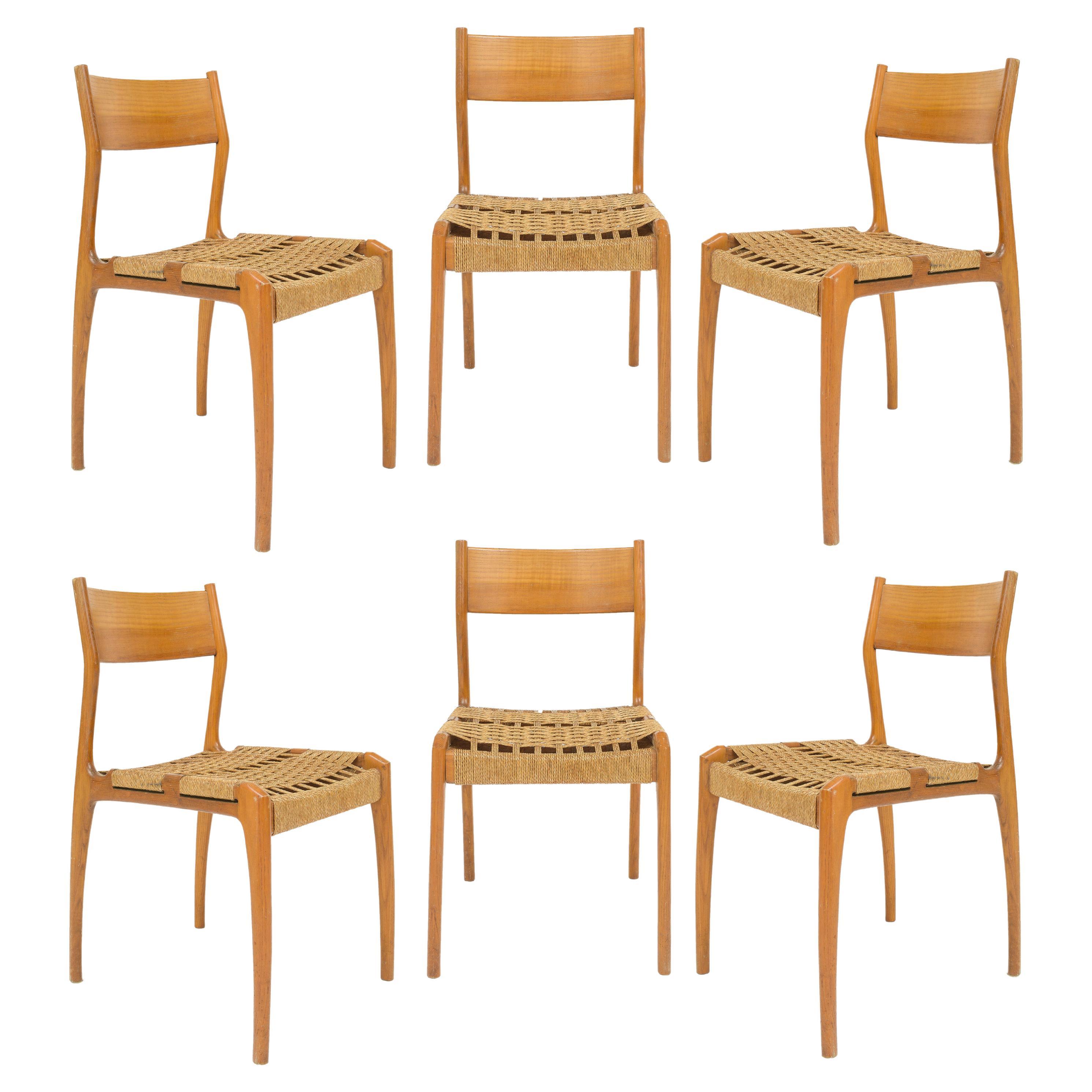 6 Italian Dining Chairs with Woven Rush Seating, 1960's France