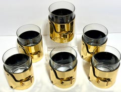 6 Italian Gold-Plated Leather Horsebit Old Fashioned Glasses, Style of Gucci