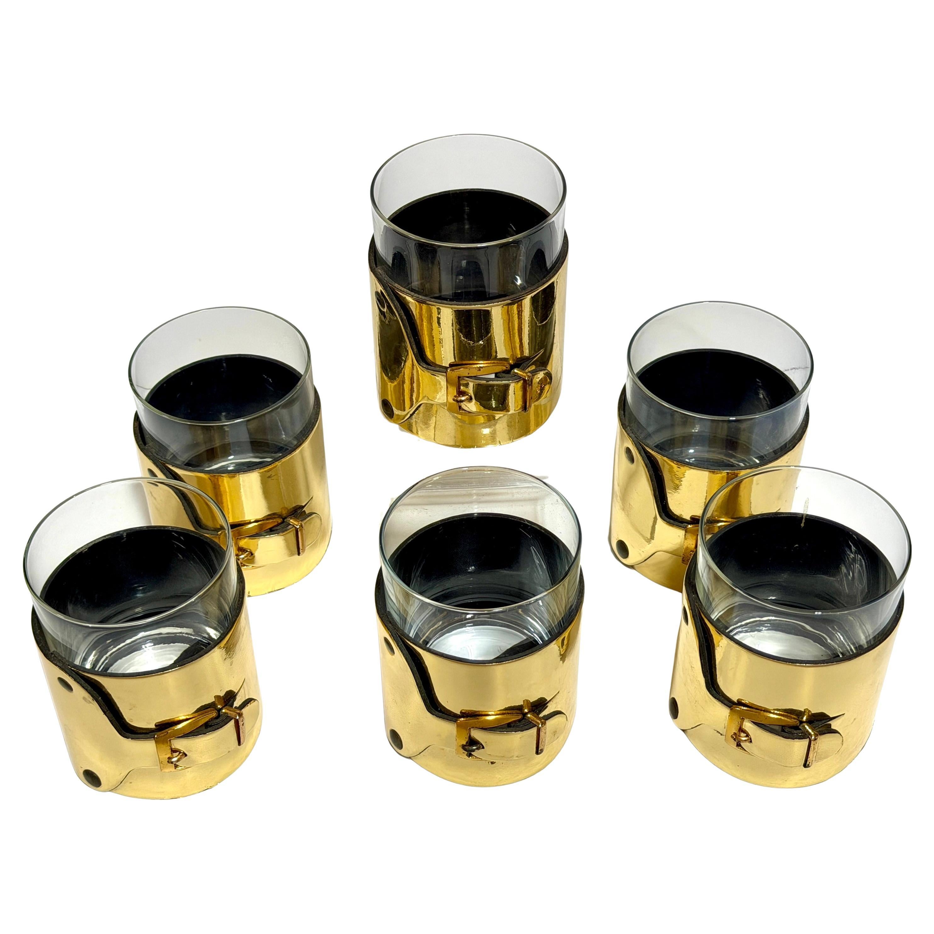 6 Italian Gold-Plated Leather Horsebit Old Fashioned Glasses, Style of Gucci For Sale