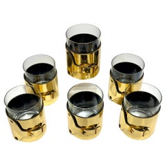 6 Italian Gold-Plated Leather Horsebit Old Fashioned Glasses, Style of Gucci