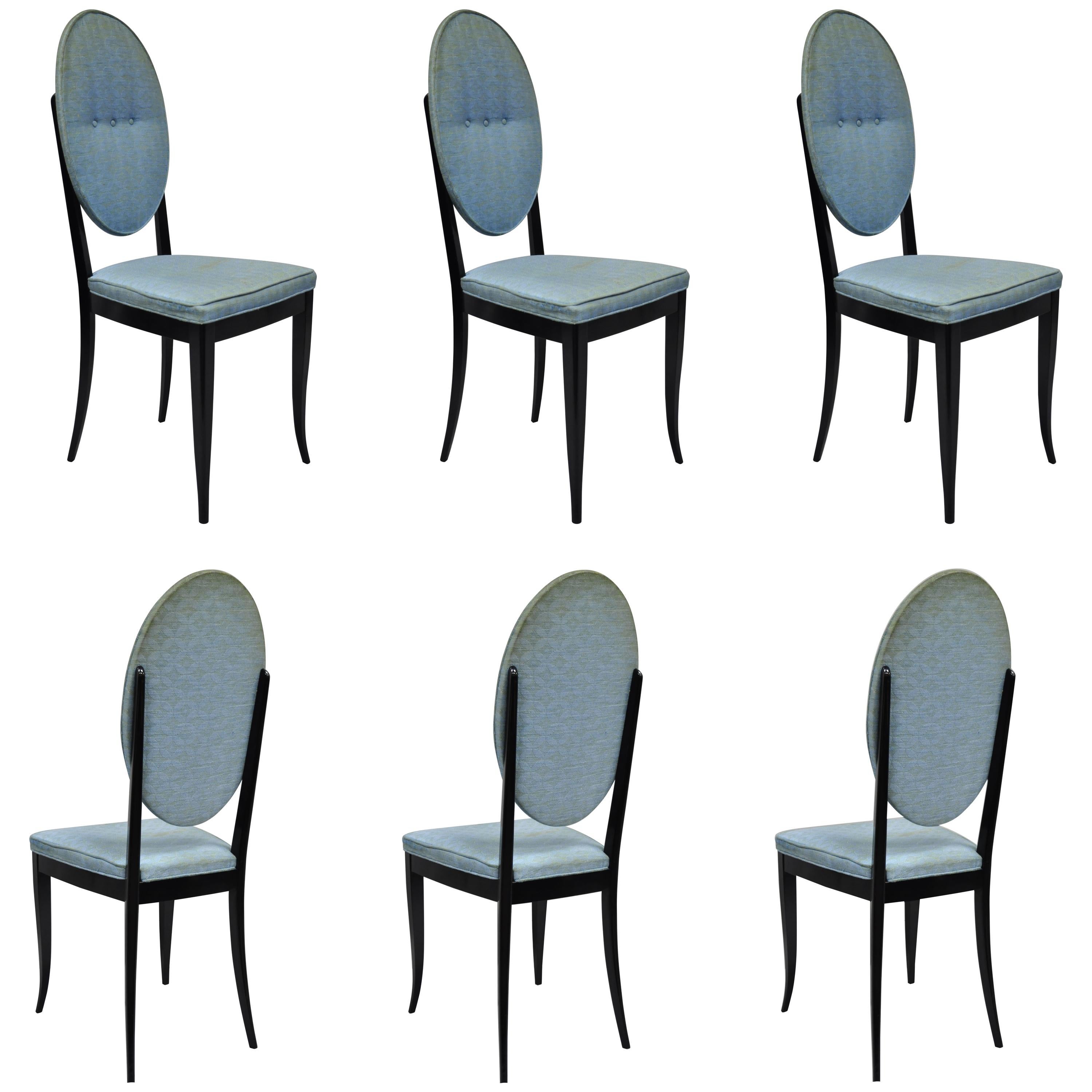 6 Italian Modernist Oval Back Black Lacquer Gio Ponti Style Dining Chairs