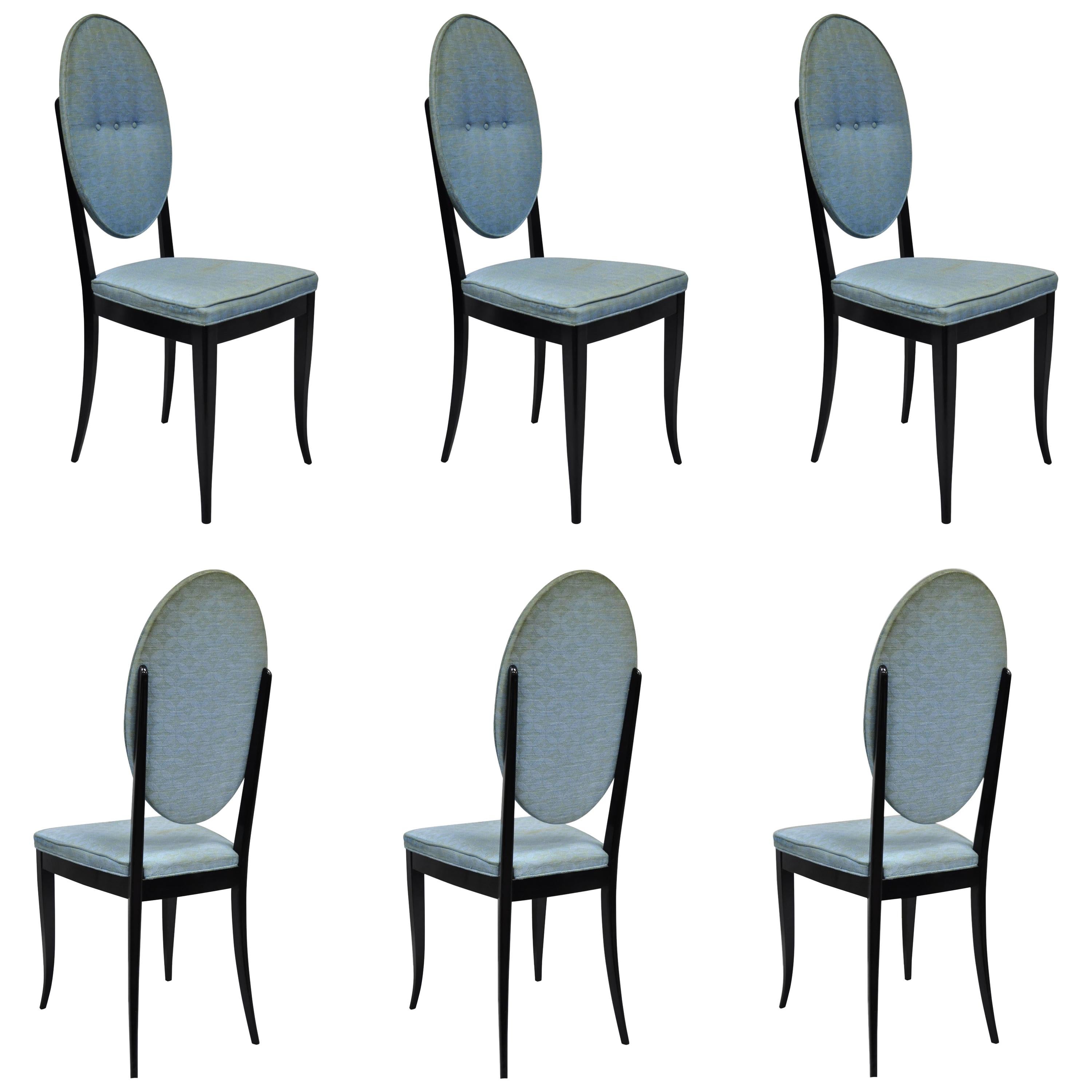 6 Italian Modernist Oval Back Black Lacquer Gio Ponti Style Dining Chairs For Sale