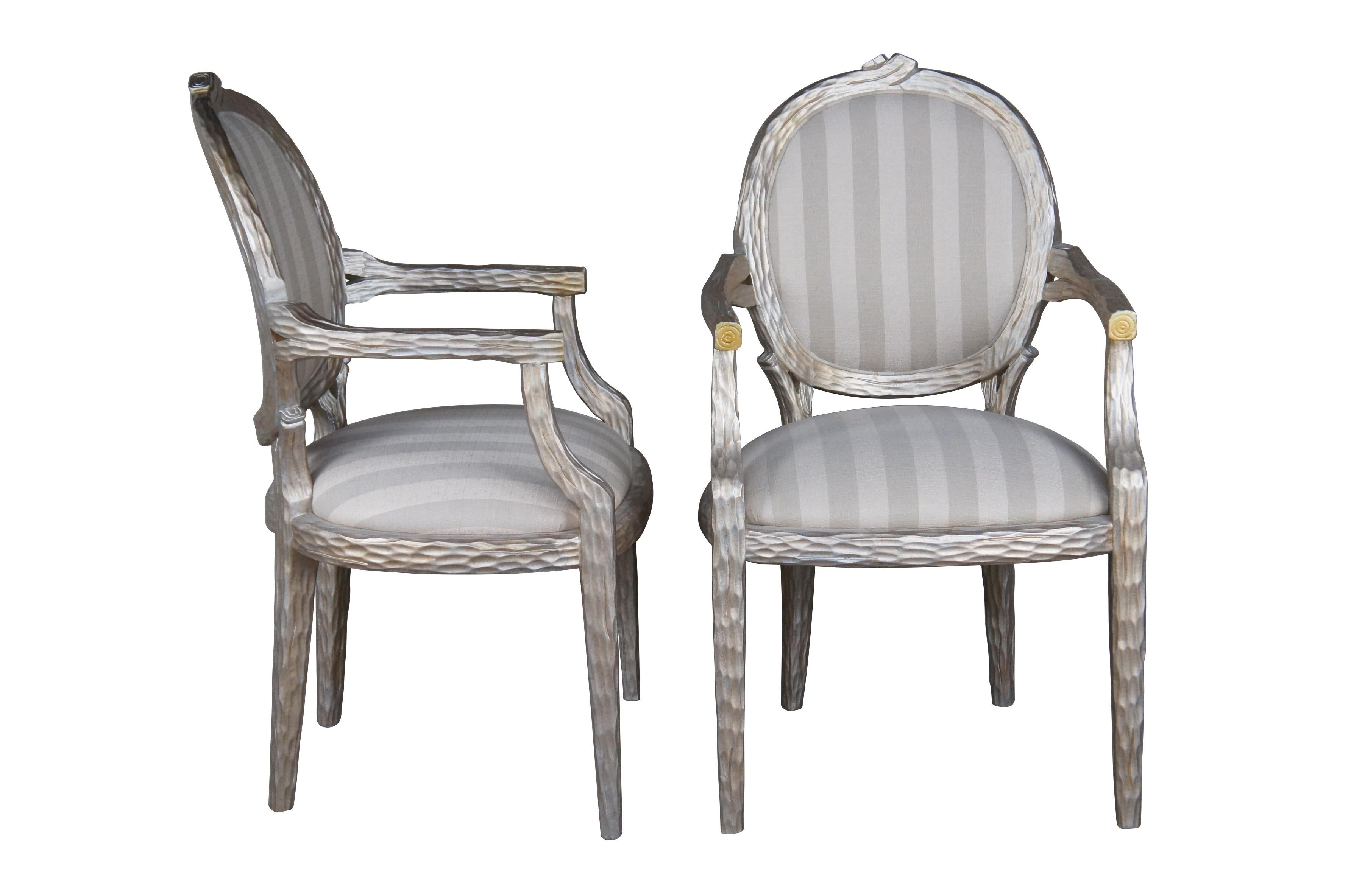 Vintage set of six Italian Regency style armchairs.  Made of birch featuring faux bois carved design with metallic Borgheses silver and gold accents and striped New Marina / Shantung / Lynx upholstery.  Made for Joseph Interiors of North Palm