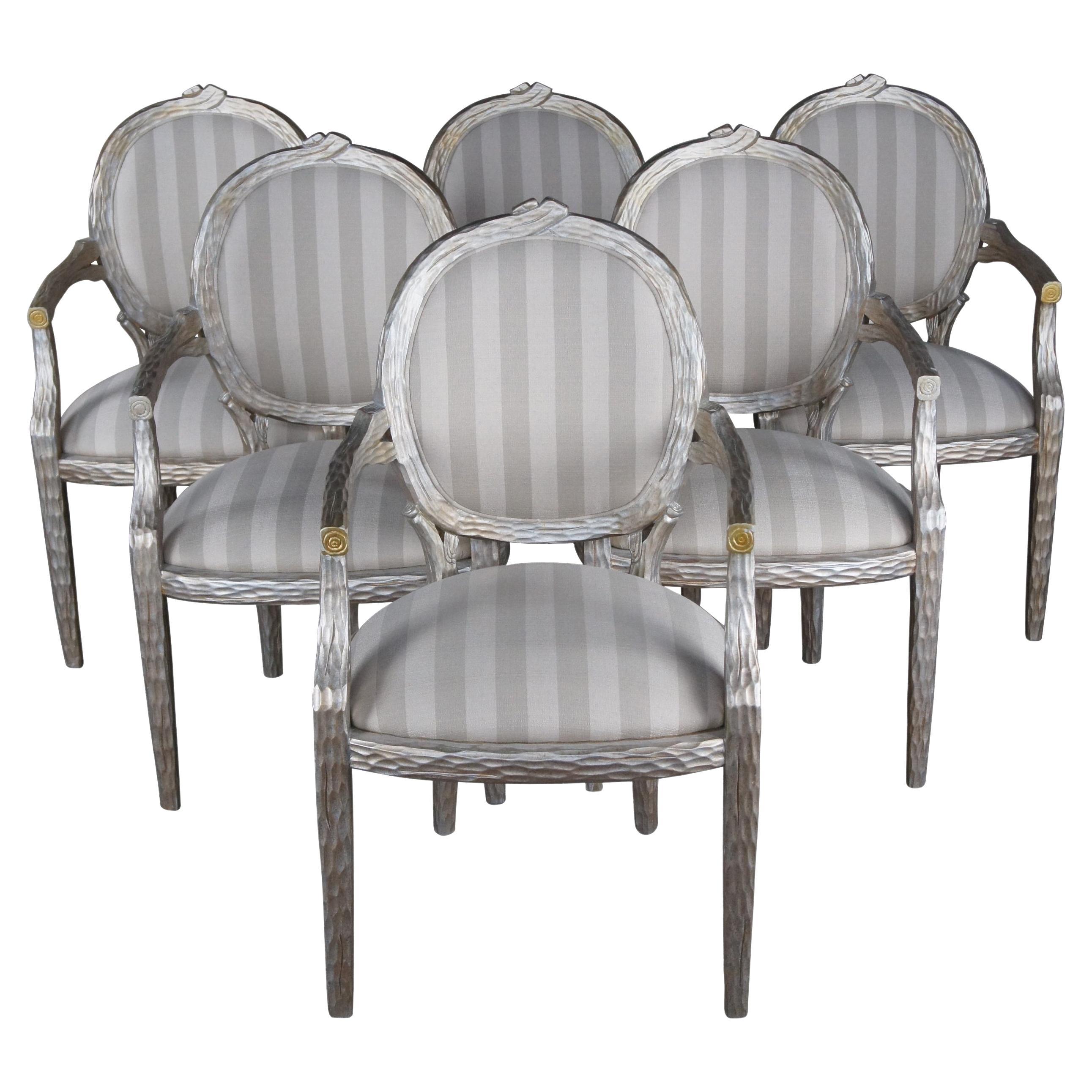 6 Italian Regency Faux Bois Branch Twig Form Silver Striped Birch Dining Chairs For Sale