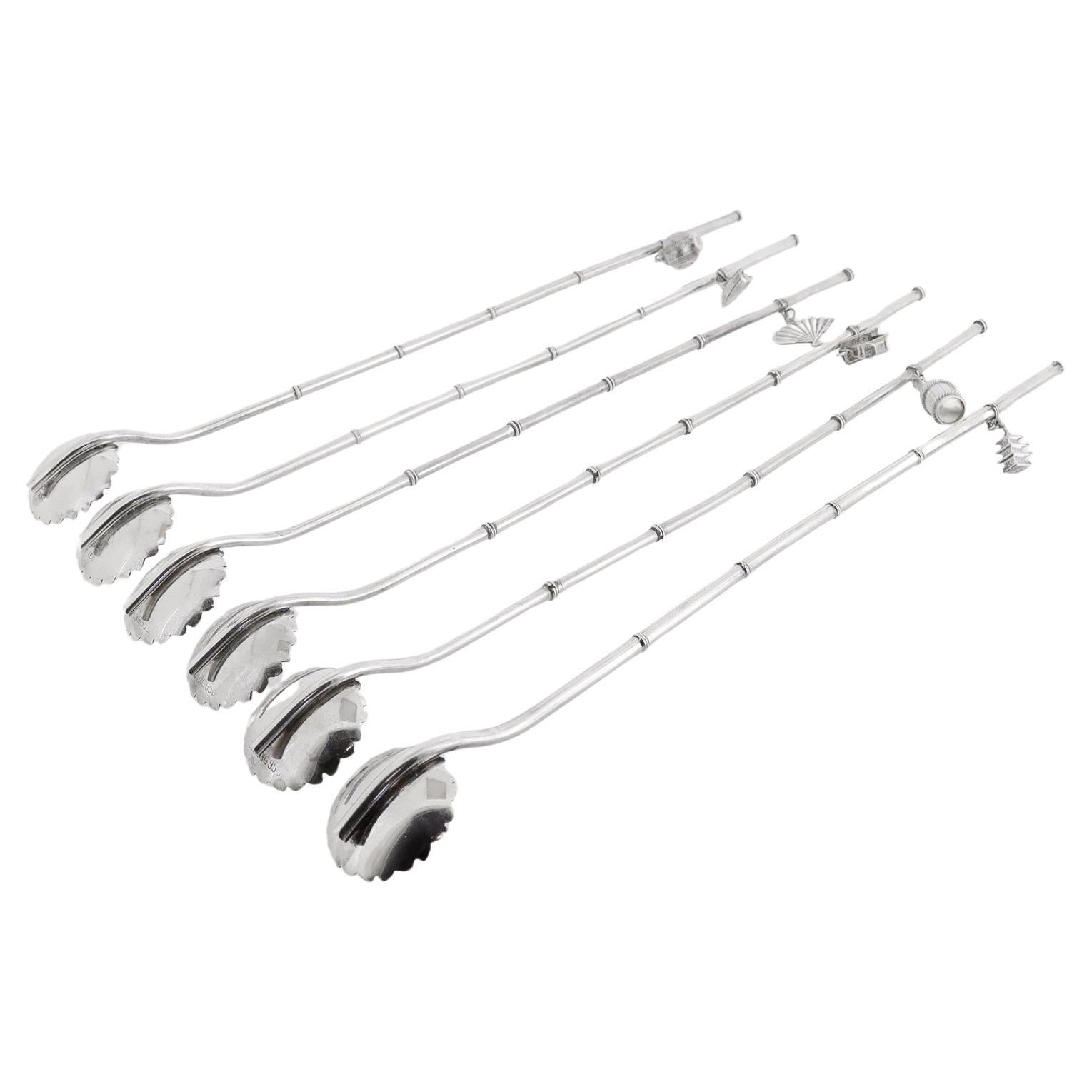 20th Century 6 Japanese Sterling Silver Mid-Century Cherry Blossom Cocktail/Iced Tea Straws  For Sale