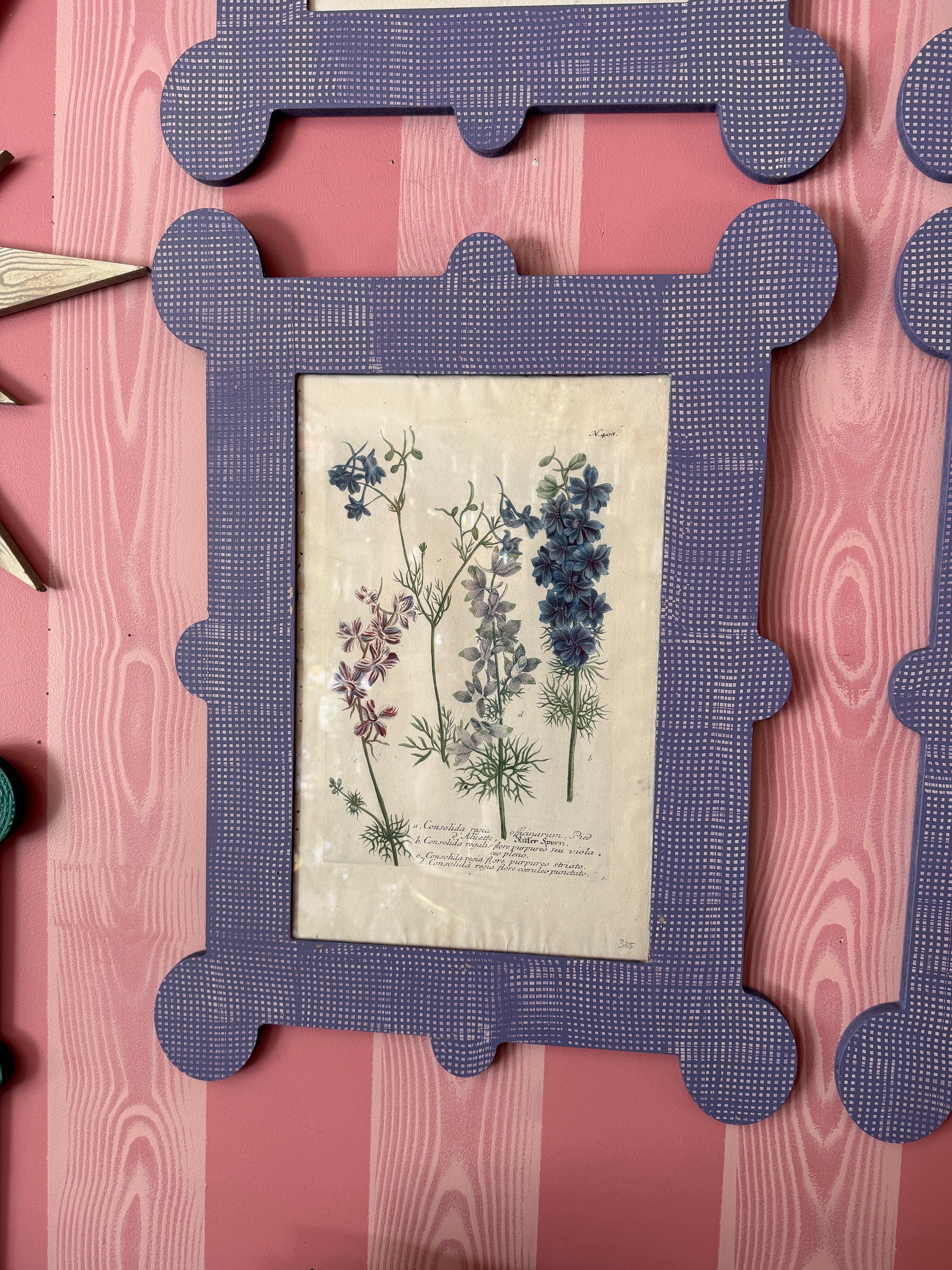 6 Johann Wilhelm Weinmann botanicals (1740-60) in hand painted lavender frames For Sale 2
