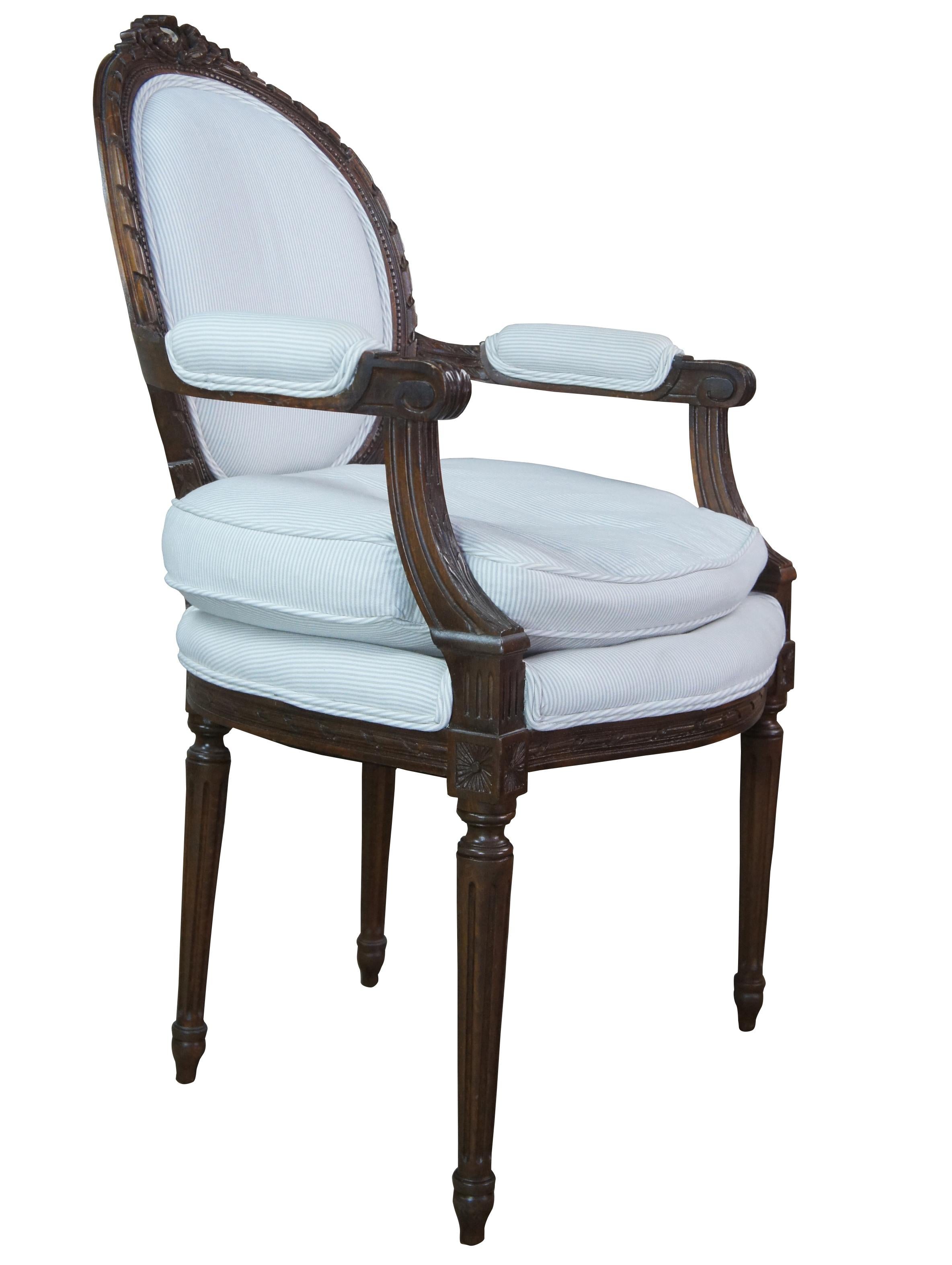 6 John Widdicomb Walnut French Louis XVI Neoclassical Seersucker Dining Chairs In Good Condition In Dayton, OH