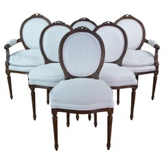 Retro 6 John Widdicomb Walnut French Louis XVI Neoclassical Seersucker Dining Chairs