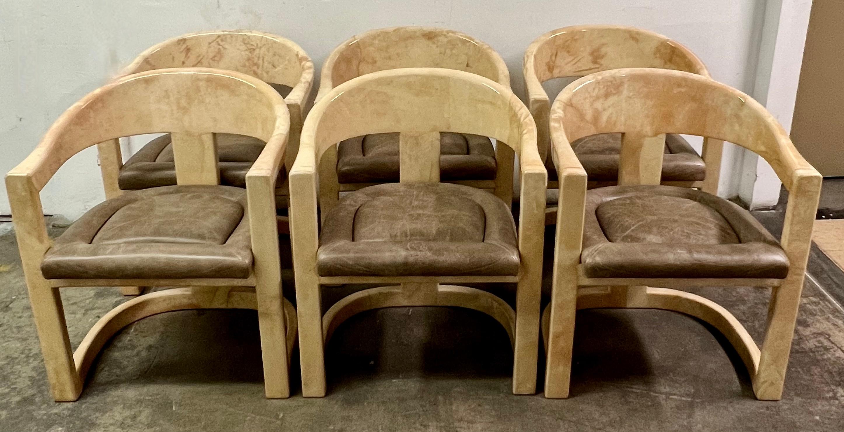 Set of six original Karl Springer Onassis Chairs in goatskin. The six chairs have been in a one user household and are in great vintage condition. 

The Onassis chair is one of the more important designs by Springer, with a design that is not only