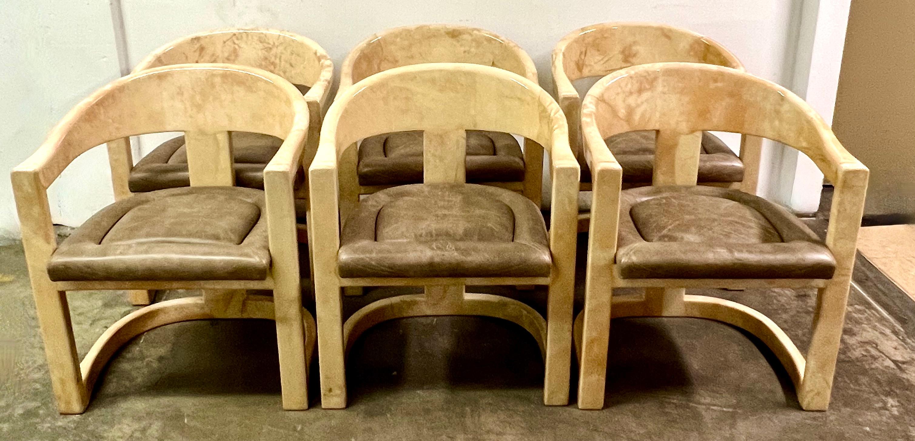 Mid-Century Modern 6 Karl Springer Onassis Chairs in Goatskin with Leather Seats For Sale