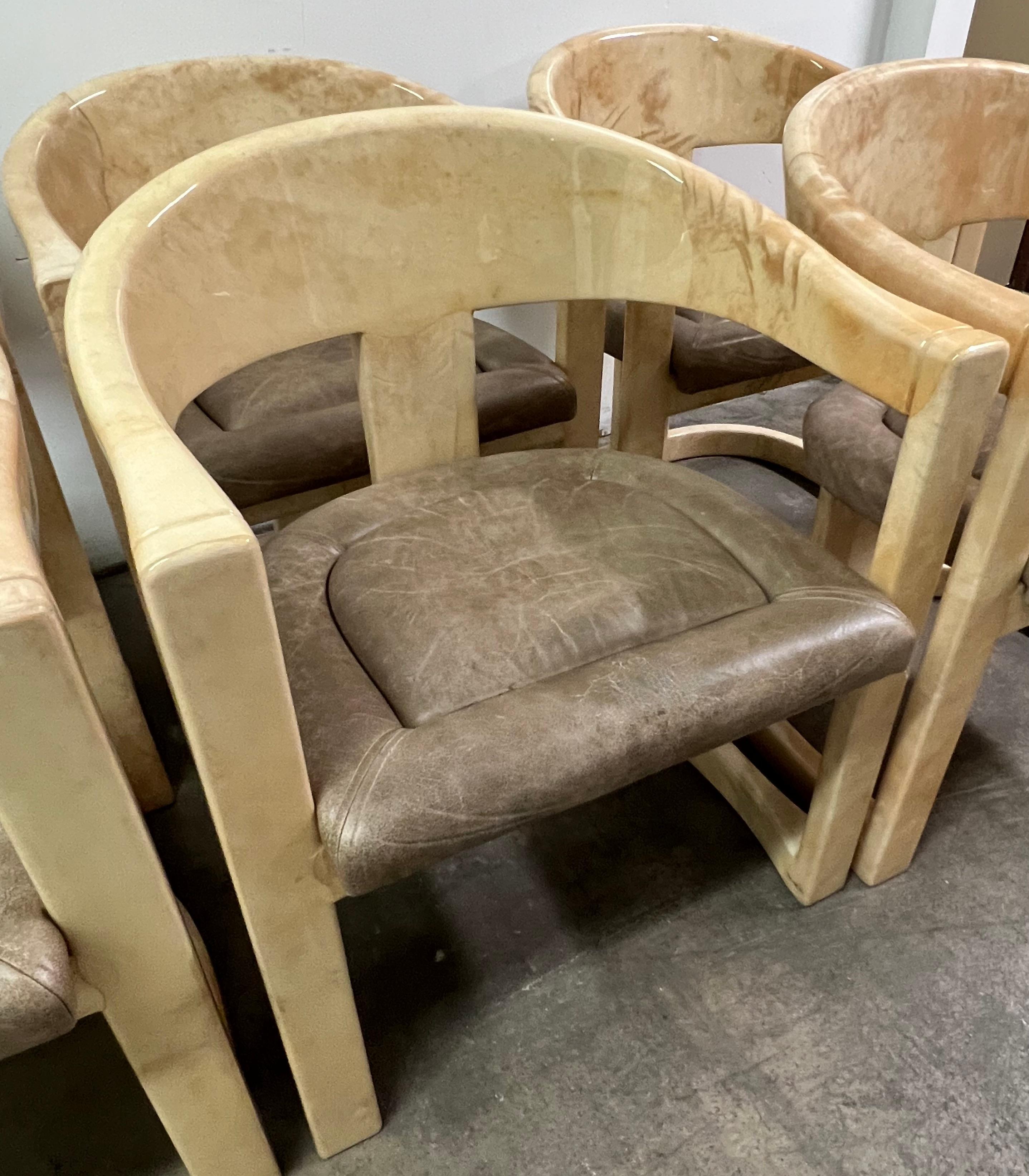 Hand-Crafted 6 Karl Springer Onassis Chairs in Goatskin with Leather Seats For Sale