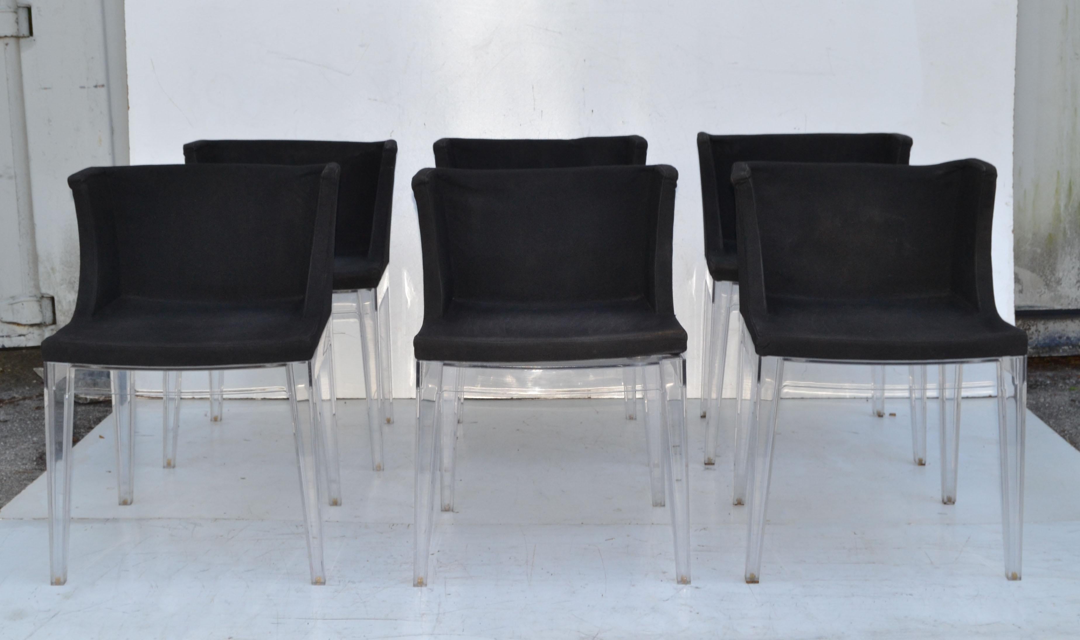6 Kartell Italy Mademoiselle Chairs by Philippe Starck Black Fabric Lucite For Sale 6