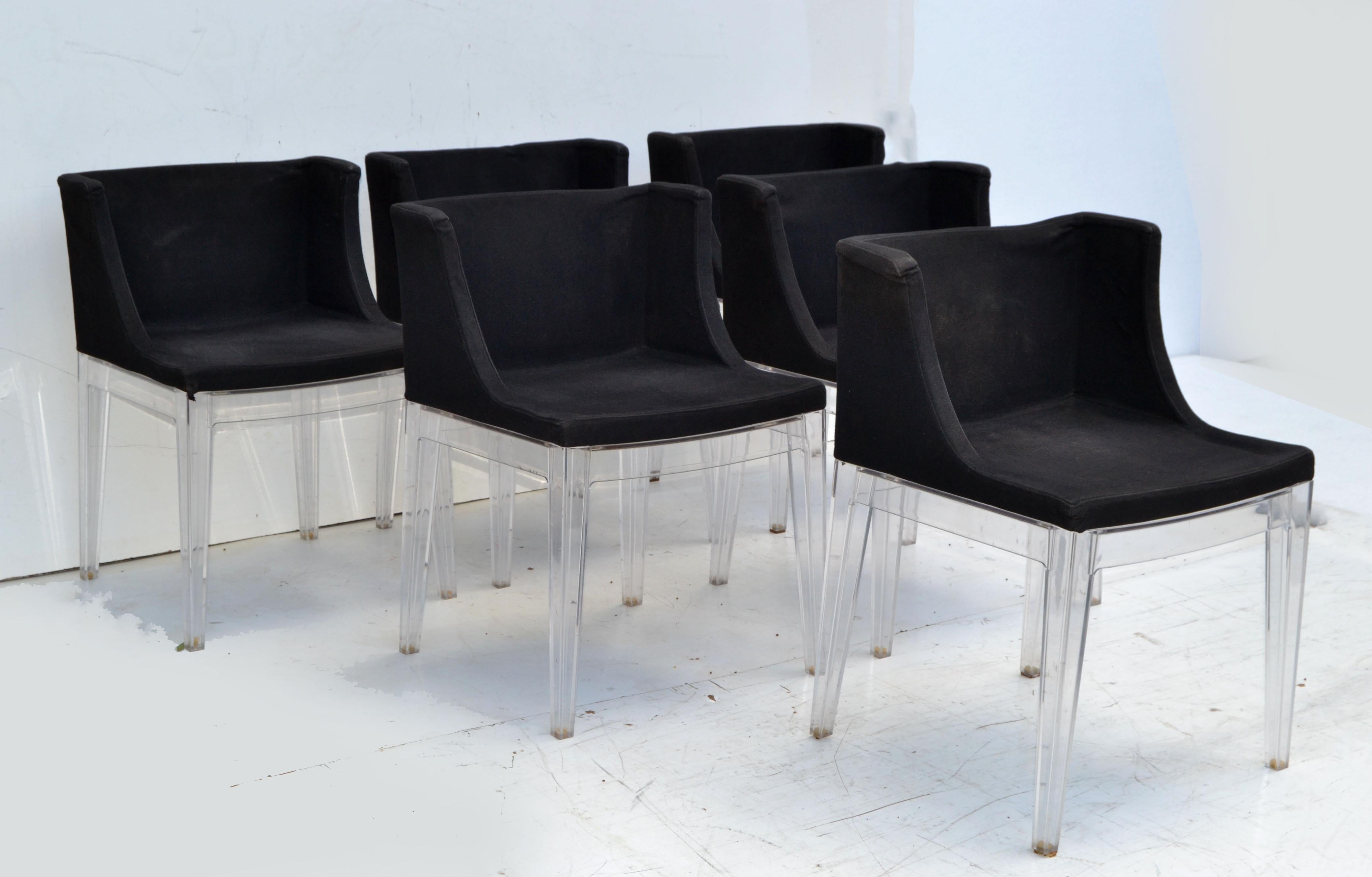 Italian 6 Kartell Italy Mademoiselle Chairs by Philippe Starck Black Fabric Lucite For Sale