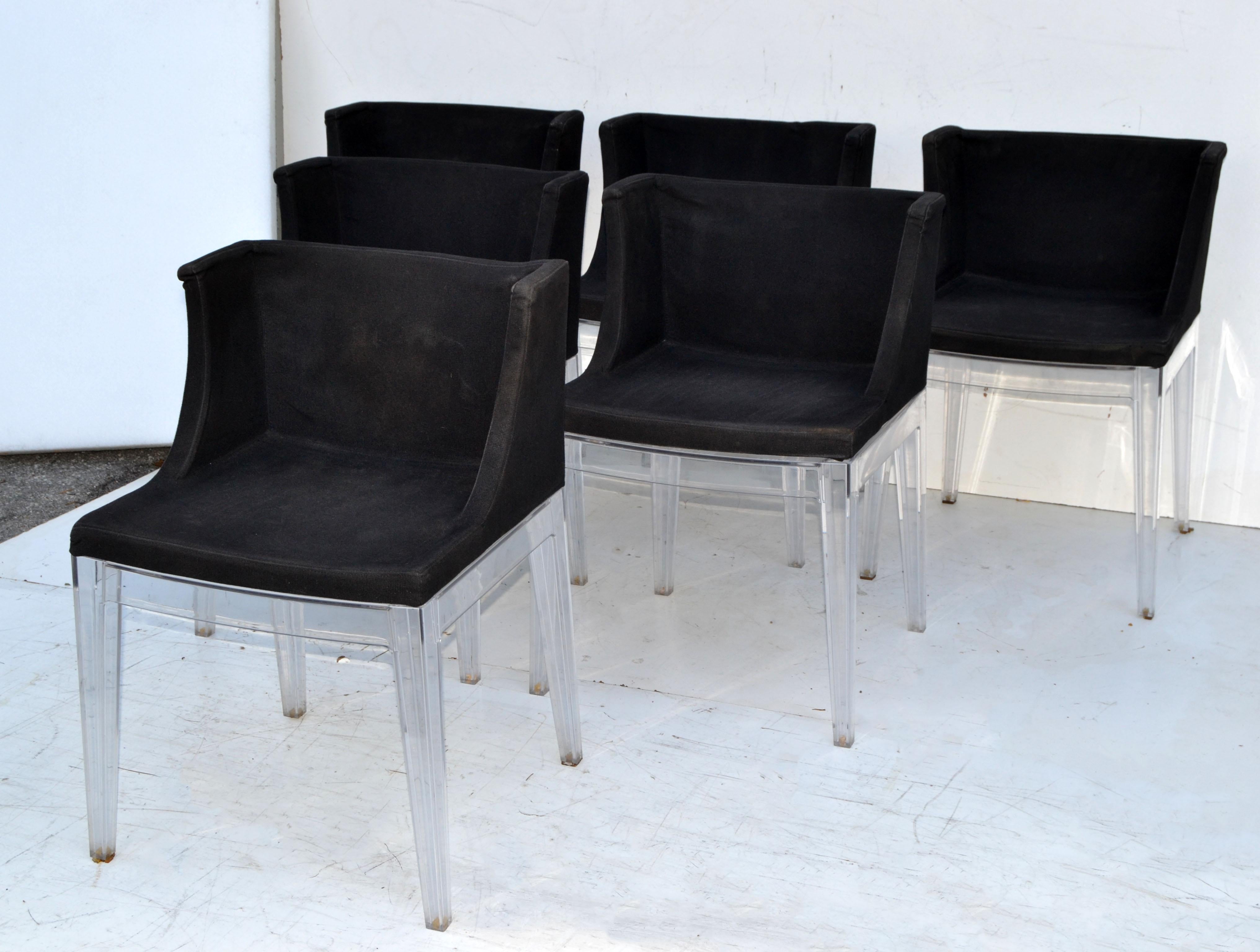 6 Kartell Italy Mademoiselle Chairs by Philippe Starck Black Fabric Lucite In Good Condition For Sale In Miami, FL