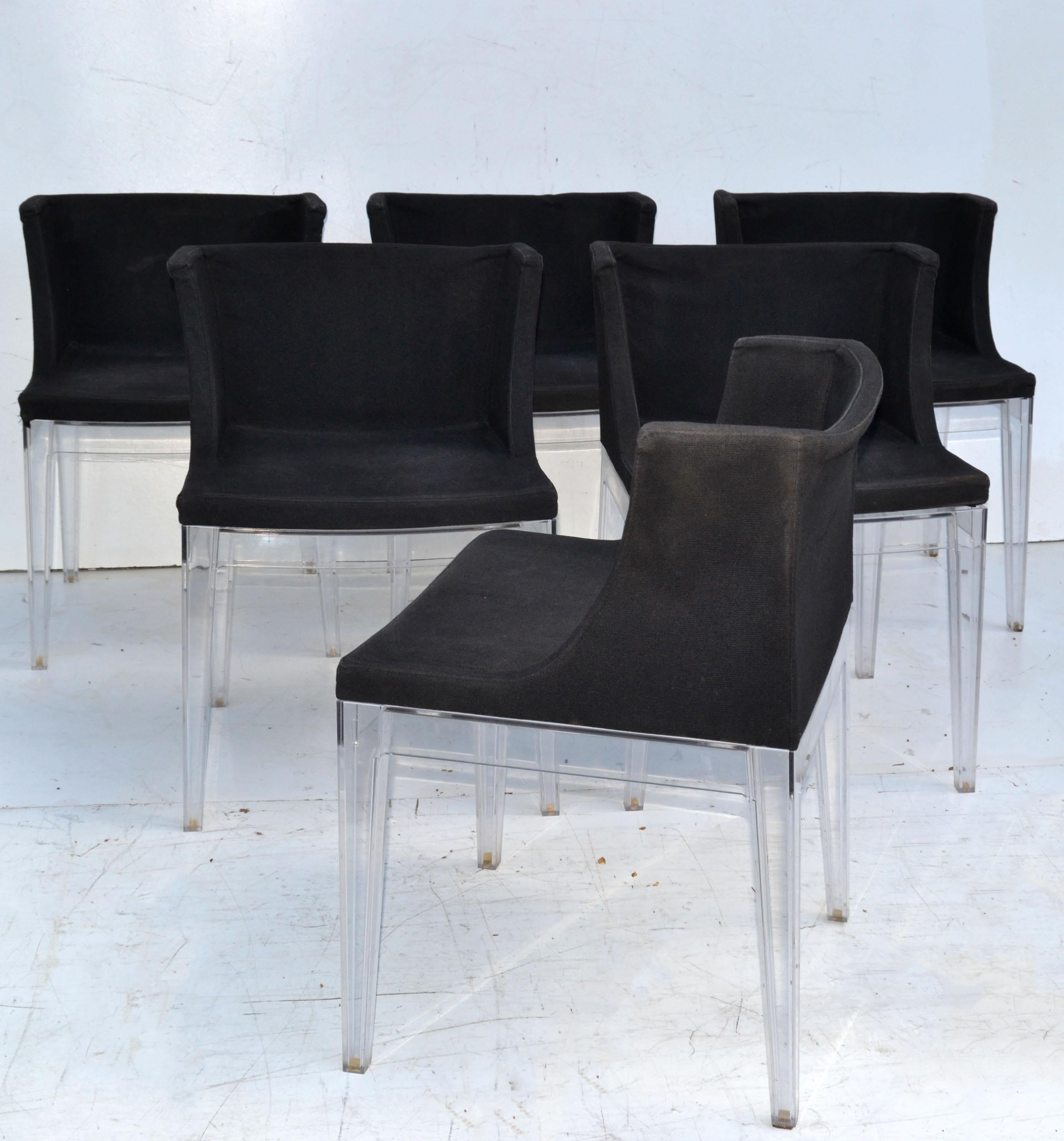 Contemporary 6 Kartell Italy Mademoiselle Chairs by Philippe Starck Black Fabric Lucite For Sale