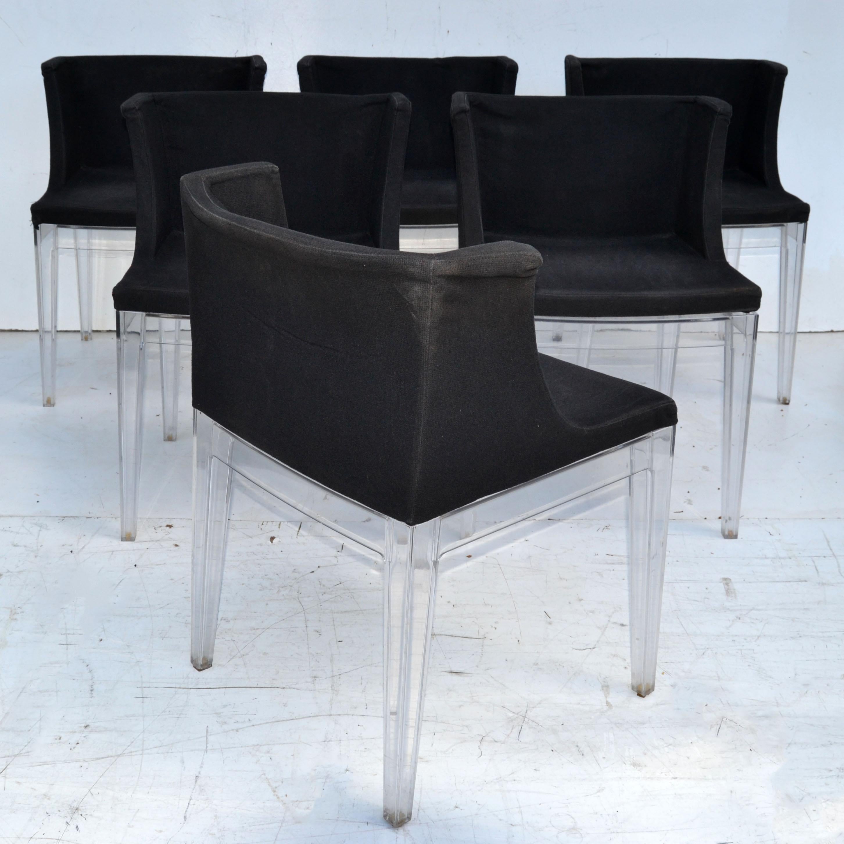 6 Kartell Italy Mademoiselle Chairs by Philippe Starck Black Fabric Lucite For Sale 1