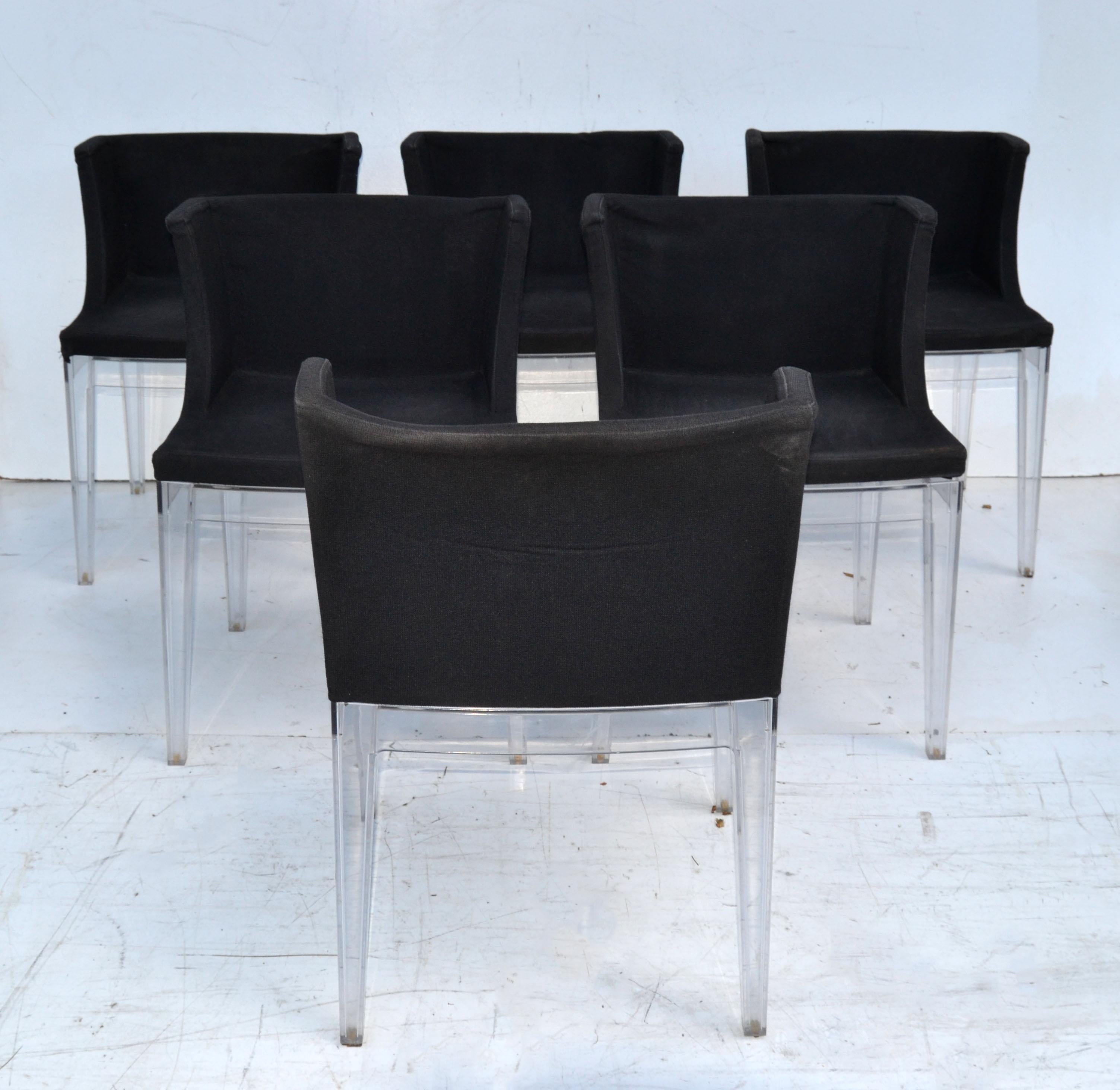 Tissu 6 chaises Kartell Italie Mademoiselle de Philippe Starck en tissu noir et Lucite en vente