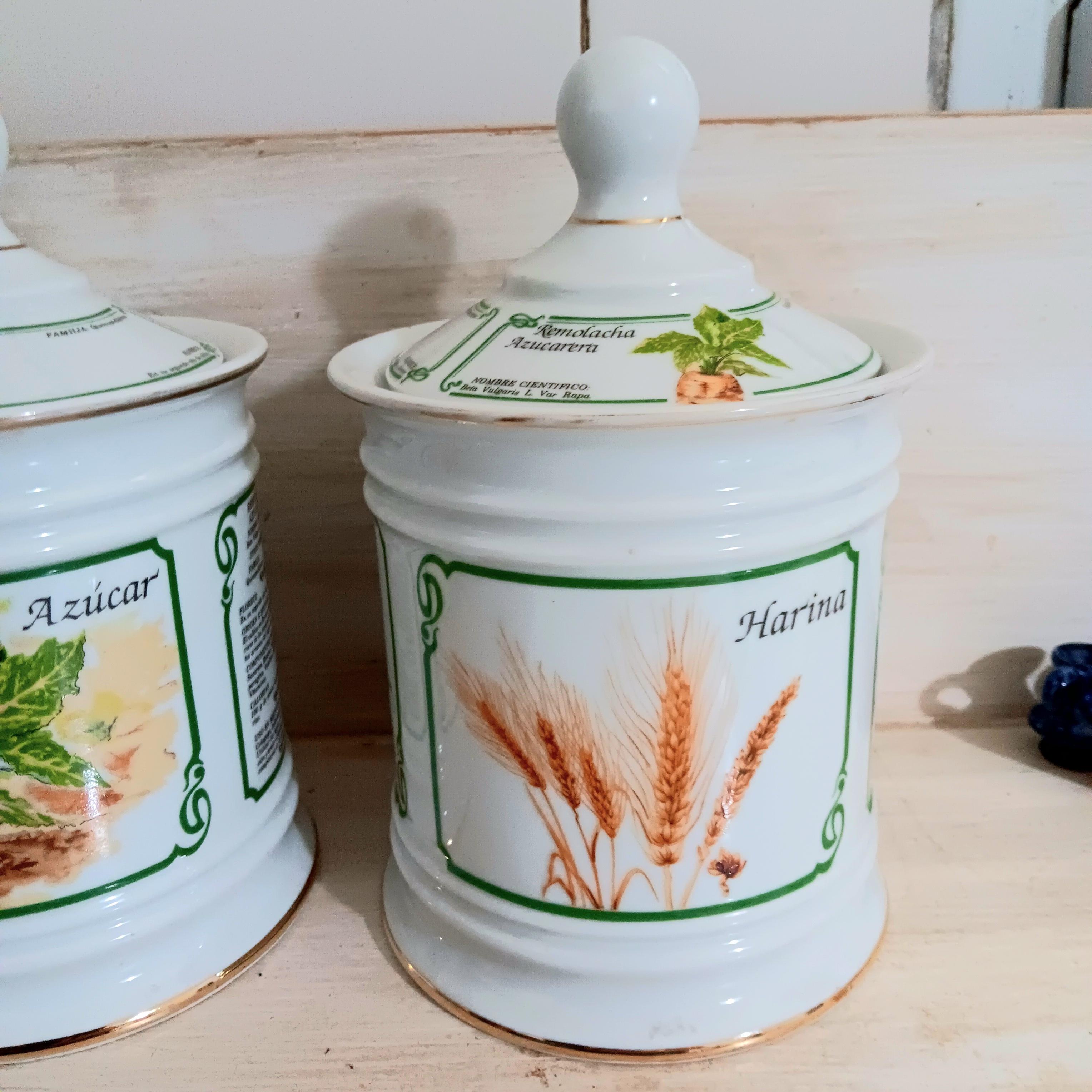 20th Century 2 Kitchen Jars Flour and Sugar Spanish Porcelain Never Used For Sale