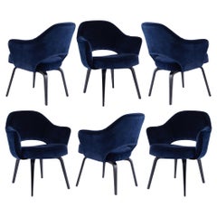 6 Knoll Saarinen Executive Arm Chairs in Holland & Sherry Navy Velvet, Wood Legs