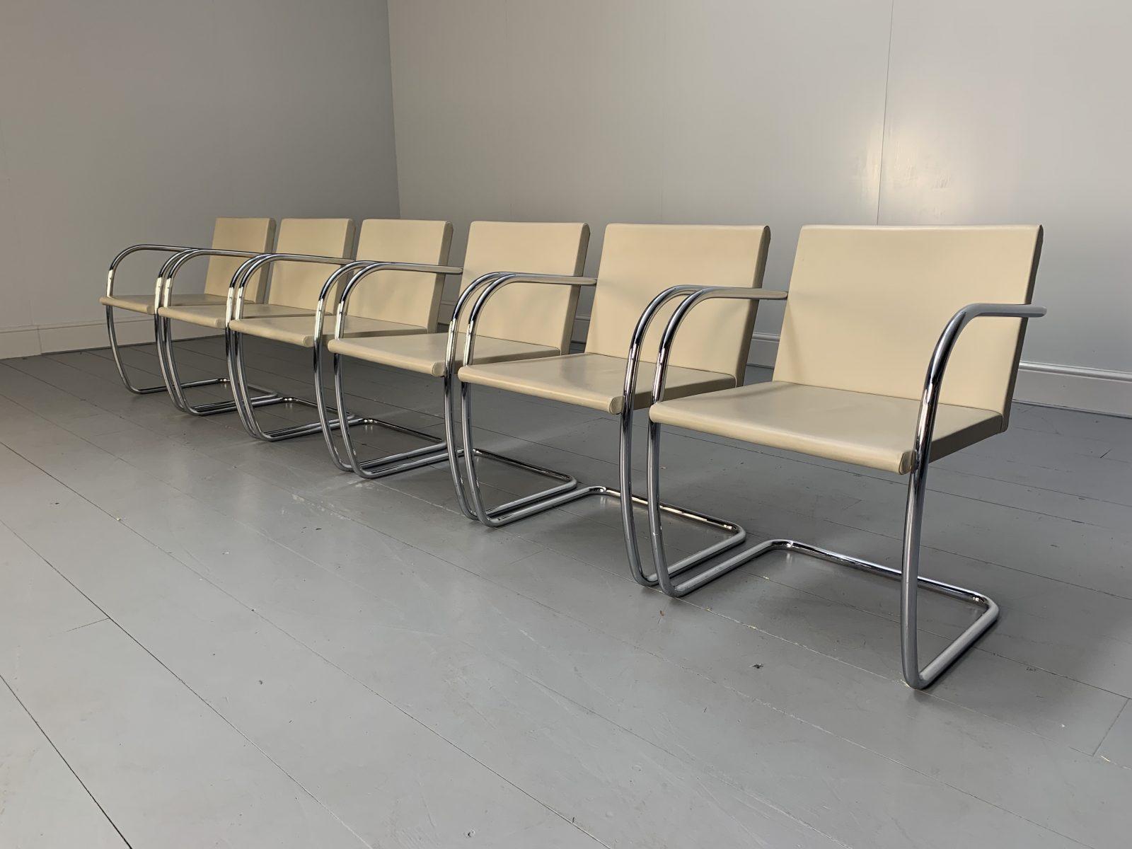 This is a sublime, immaculately-presented suite of 6 “Brno” Tubular-Bar Armchairs in Pale Ivory Leather, manufactured by the leading Furniture manufacturer, Knoll Studio.

In a world of temporary pleasures, Knoll Studio creates beautiful furniture