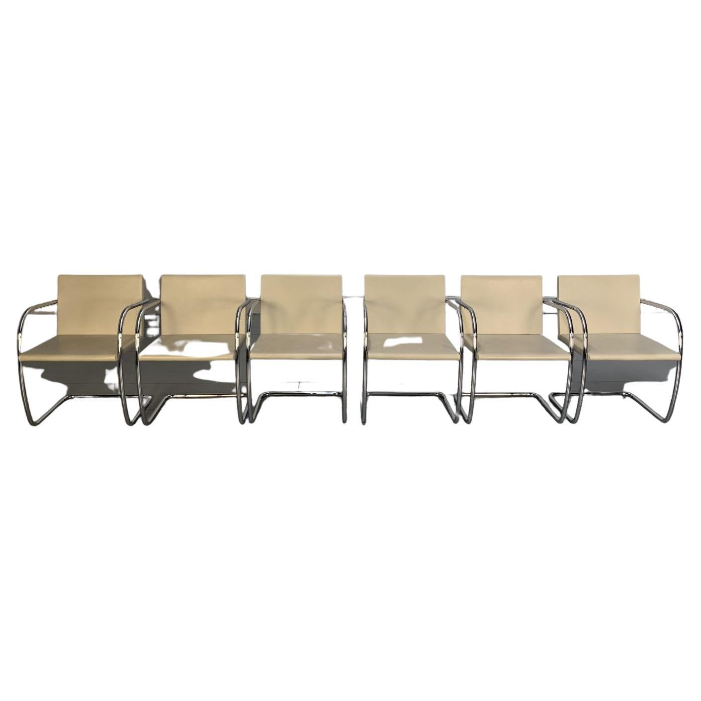 6 Knoll Studio “Brno” Armchair Suite in Chrome & Pale Ivory Leather For Sale