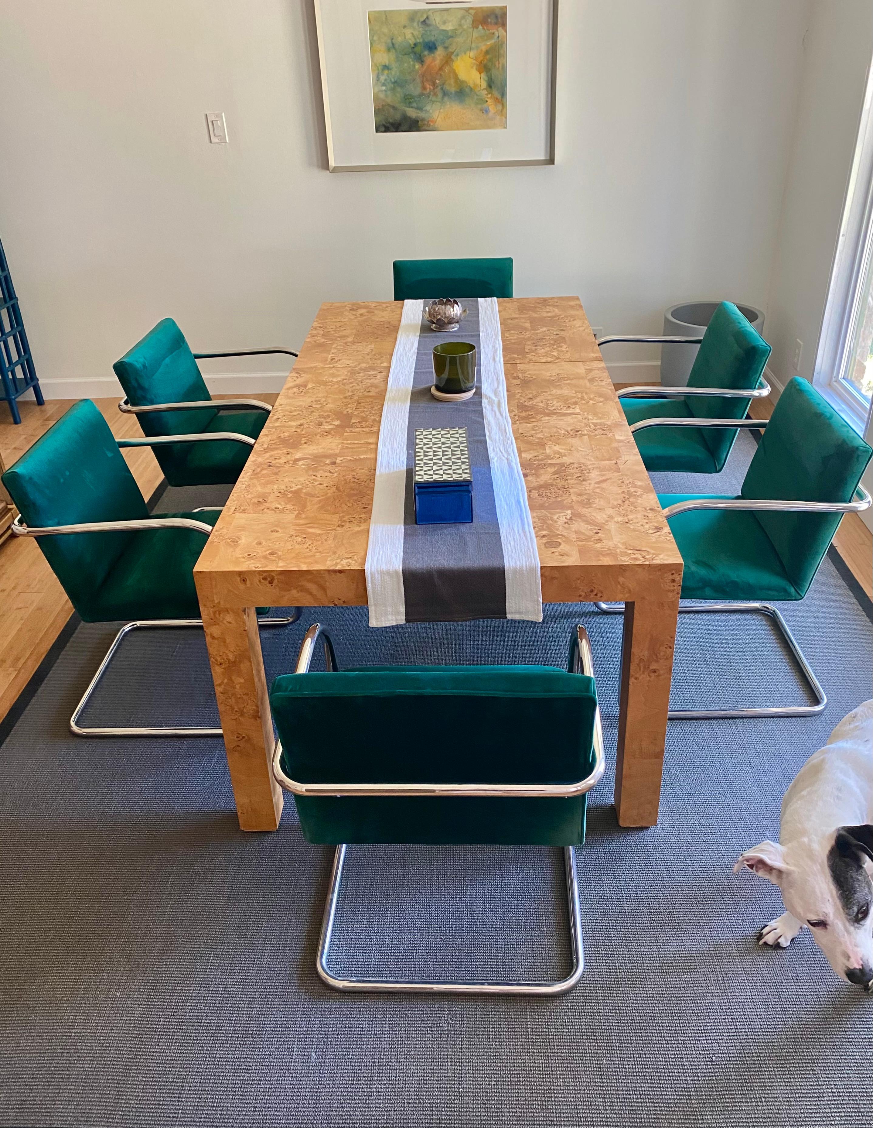 Set of six, nicely upholstered, deep emerald green cantilevered, tubular chrome 